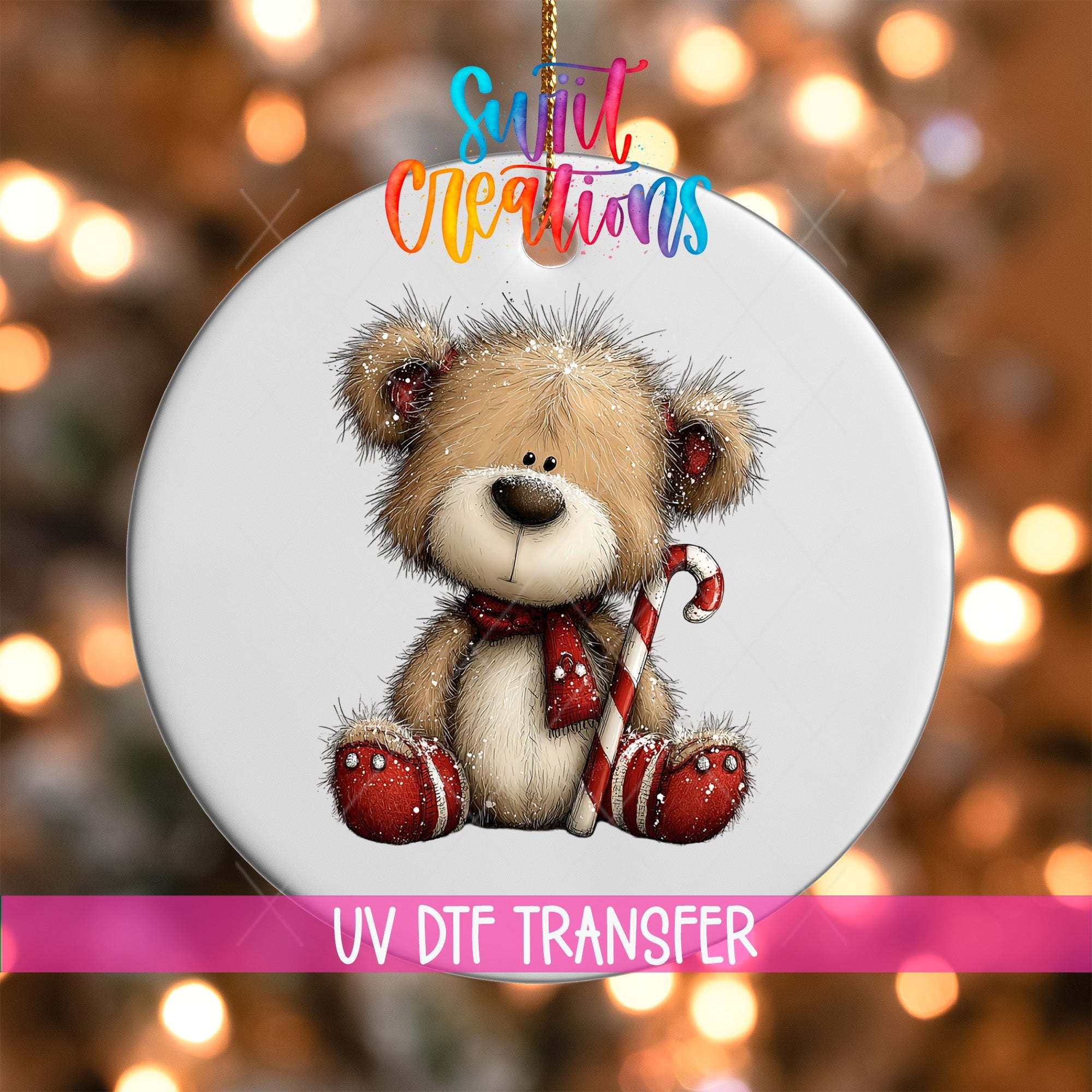 Cute Teddy Bear With Candy Cane UV DTF Ornament Transfer | O-1801 - Swiit Creations
