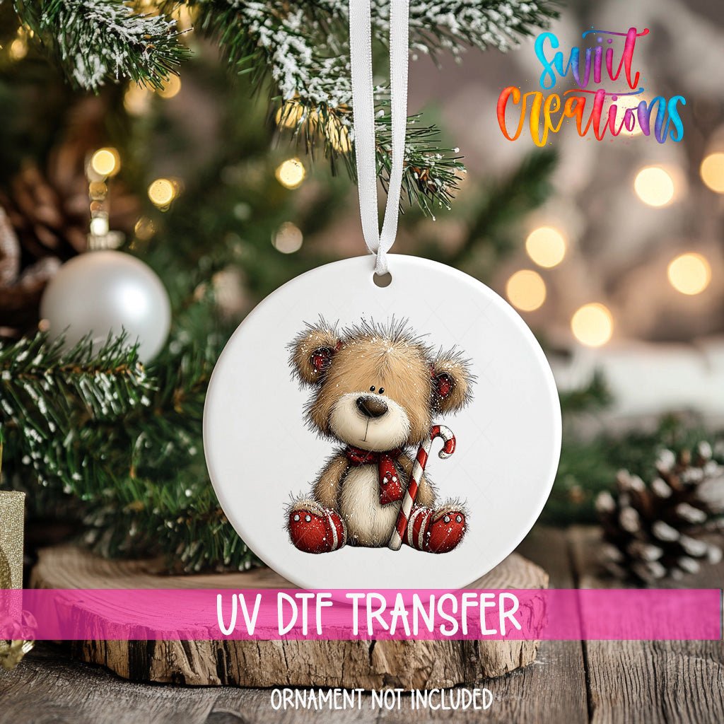 Cute Teddy Bear With Candy Cane UV DTF Ornament Transfer | O-1801 - Swiit Creations