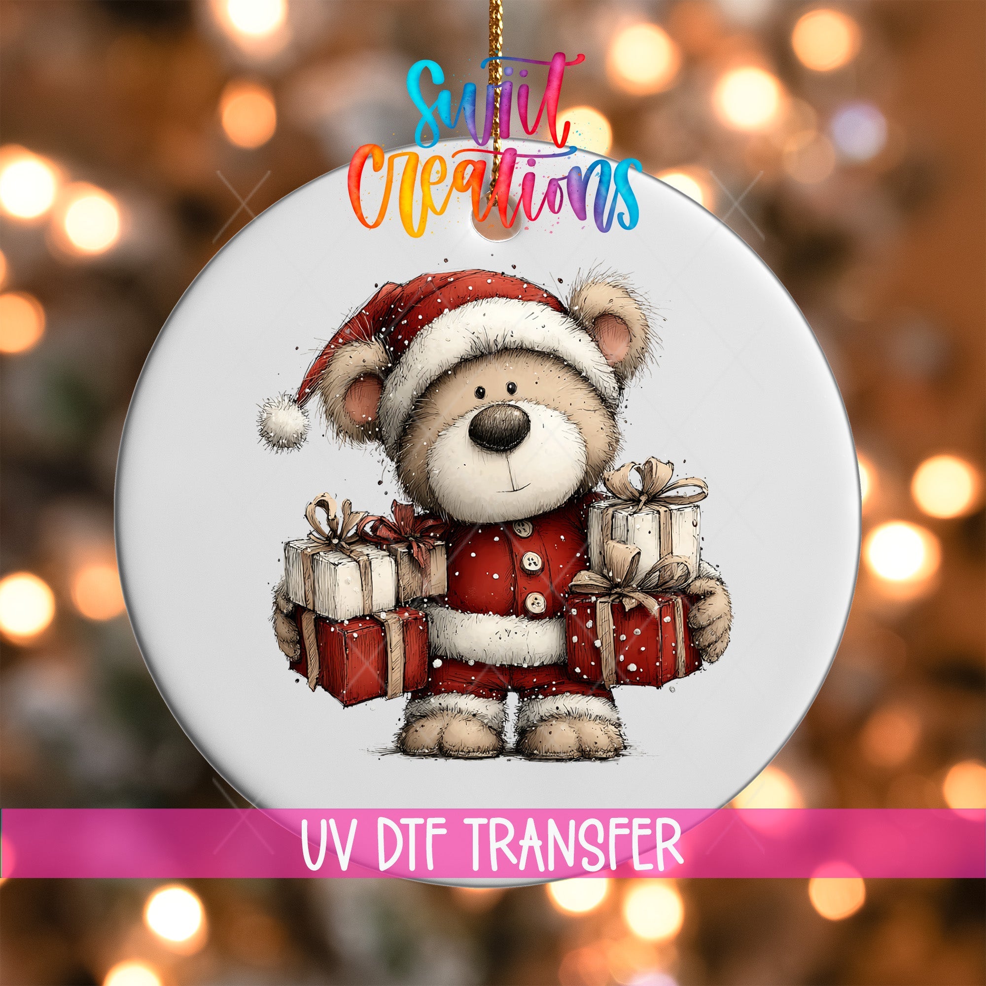Cute Teddy Bear With Christmas Gifts UV DTF Ornament Transfer | O-1796 - Swiit Creations
