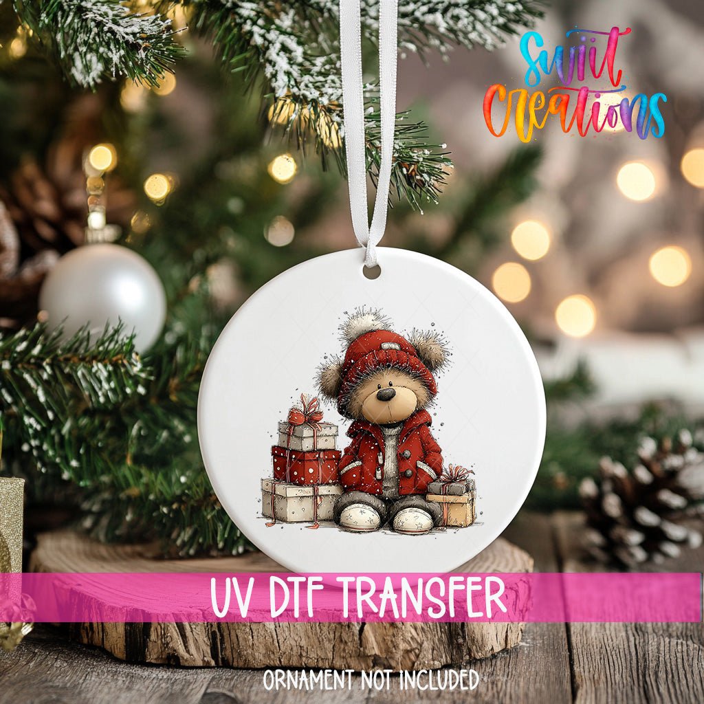 Cute Teddy Bear With Gifts UV DTF Ornament Transfer | O-1806 - Swiit Creations