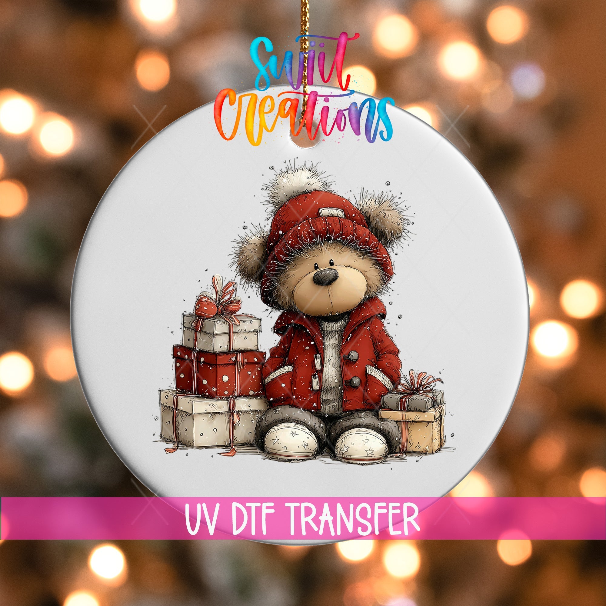 Cute Teddy Bear With Gifts UV DTF Ornament Transfer | O-1806 - Swiit Creations