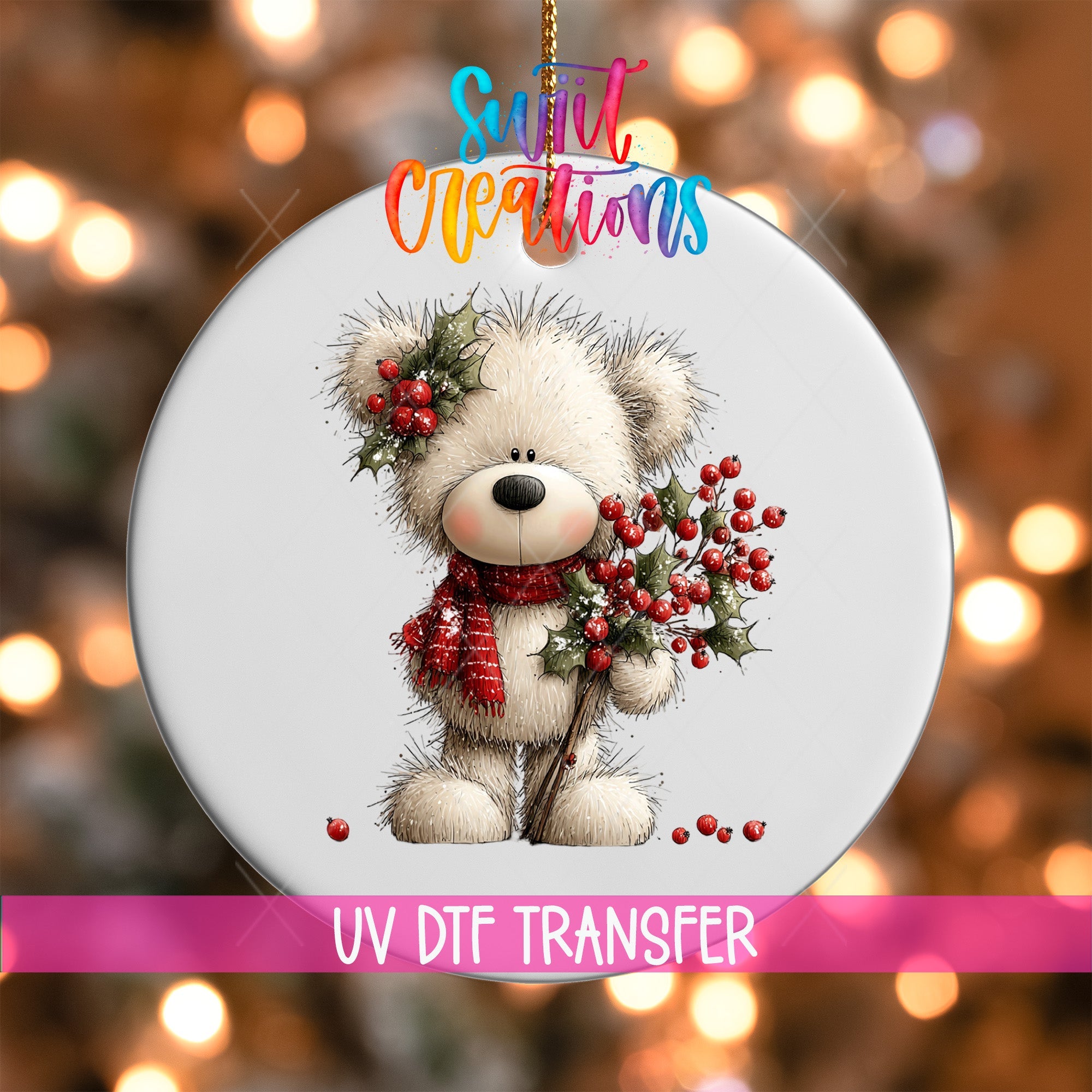 Cute Teddy Bear With Holly Berries UV DTF Ornament Transfer | O-1797 - Swiit Creations