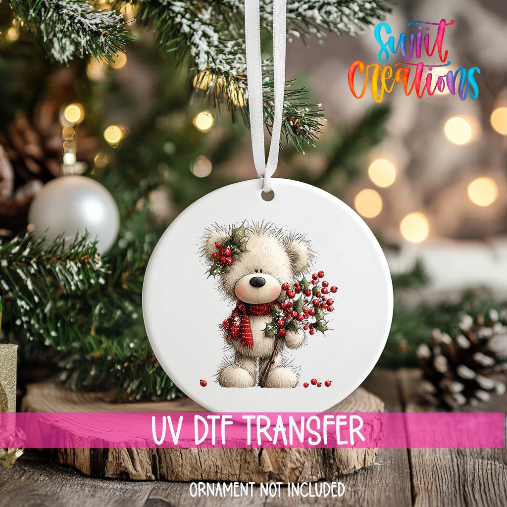 Cute Teddy Bear With Holly Berries UV DTF Ornament Transfer | O-1797 - Swiit Creations