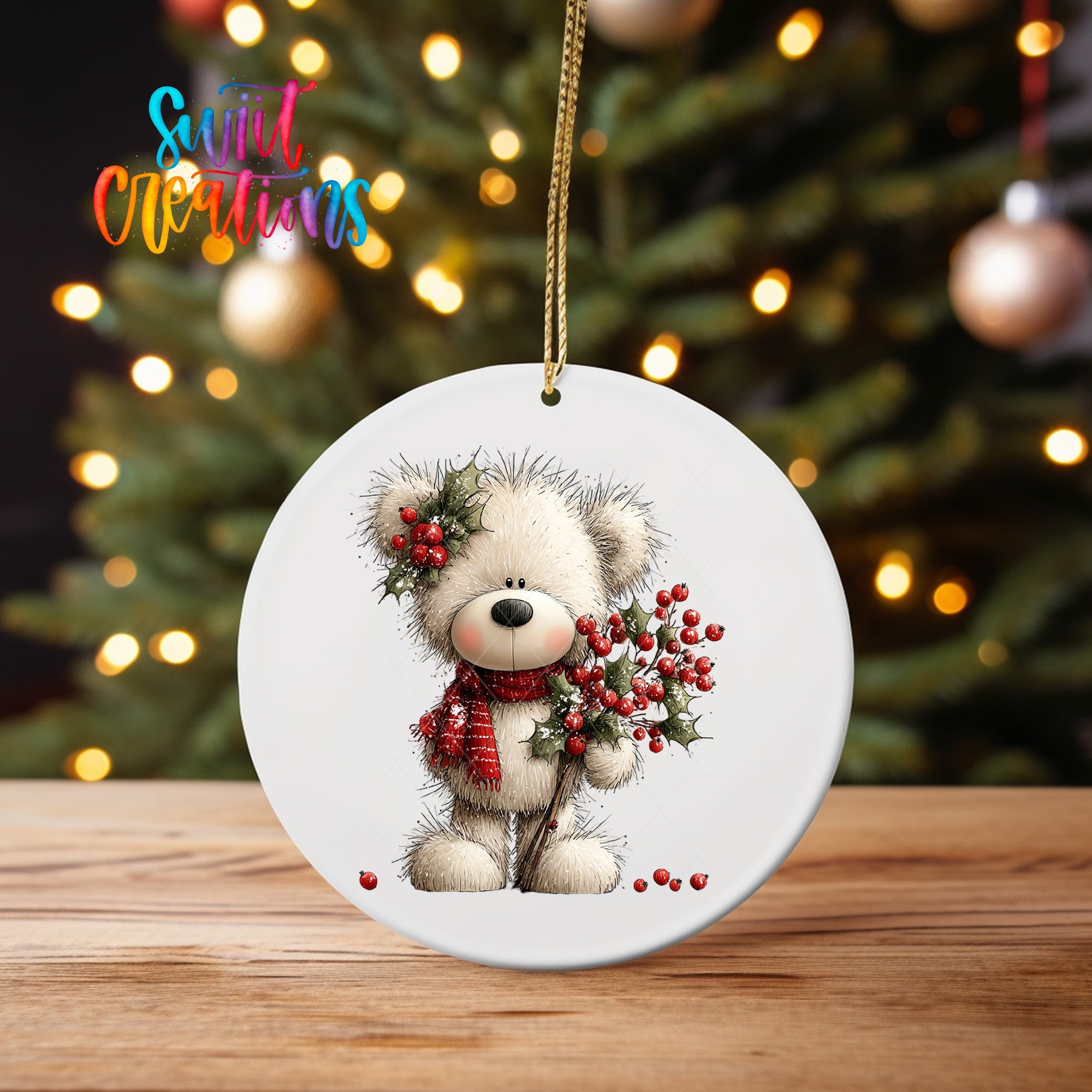 Cute Teddy Bear With Holly Berries UV DTF Ornament Transfer | O-1797 - Swiit Creations