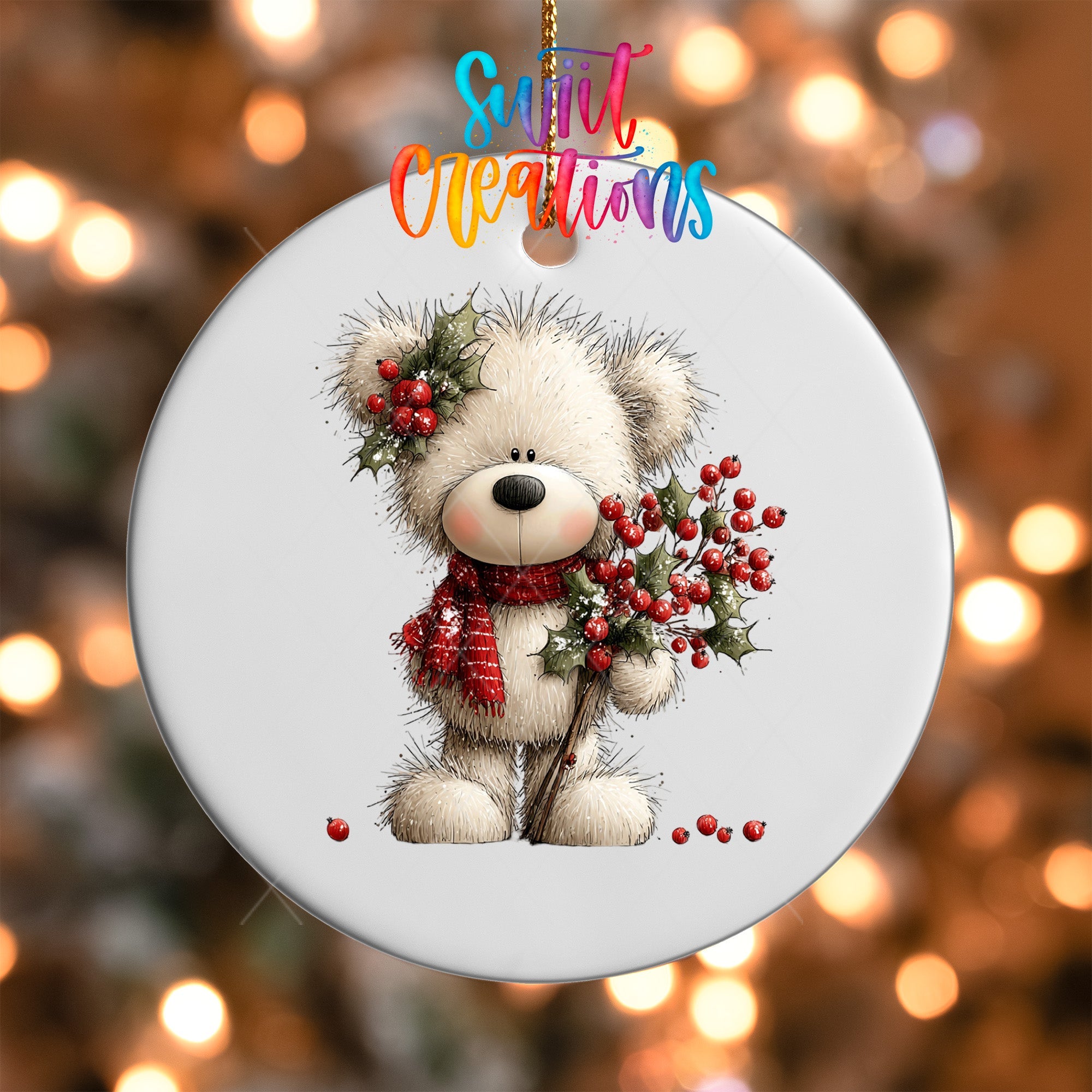 Cute Teddy Bear With Holly Berries UV DTF Ornament Transfer | O-1797 - Swiit Creations