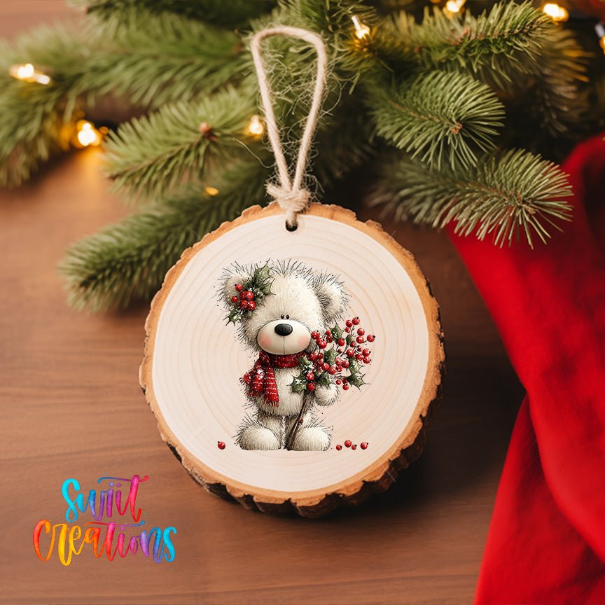 Cute Teddy Bear With Holly Berries UV DTF Ornament Transfer | O-1797 - Swiit Creations