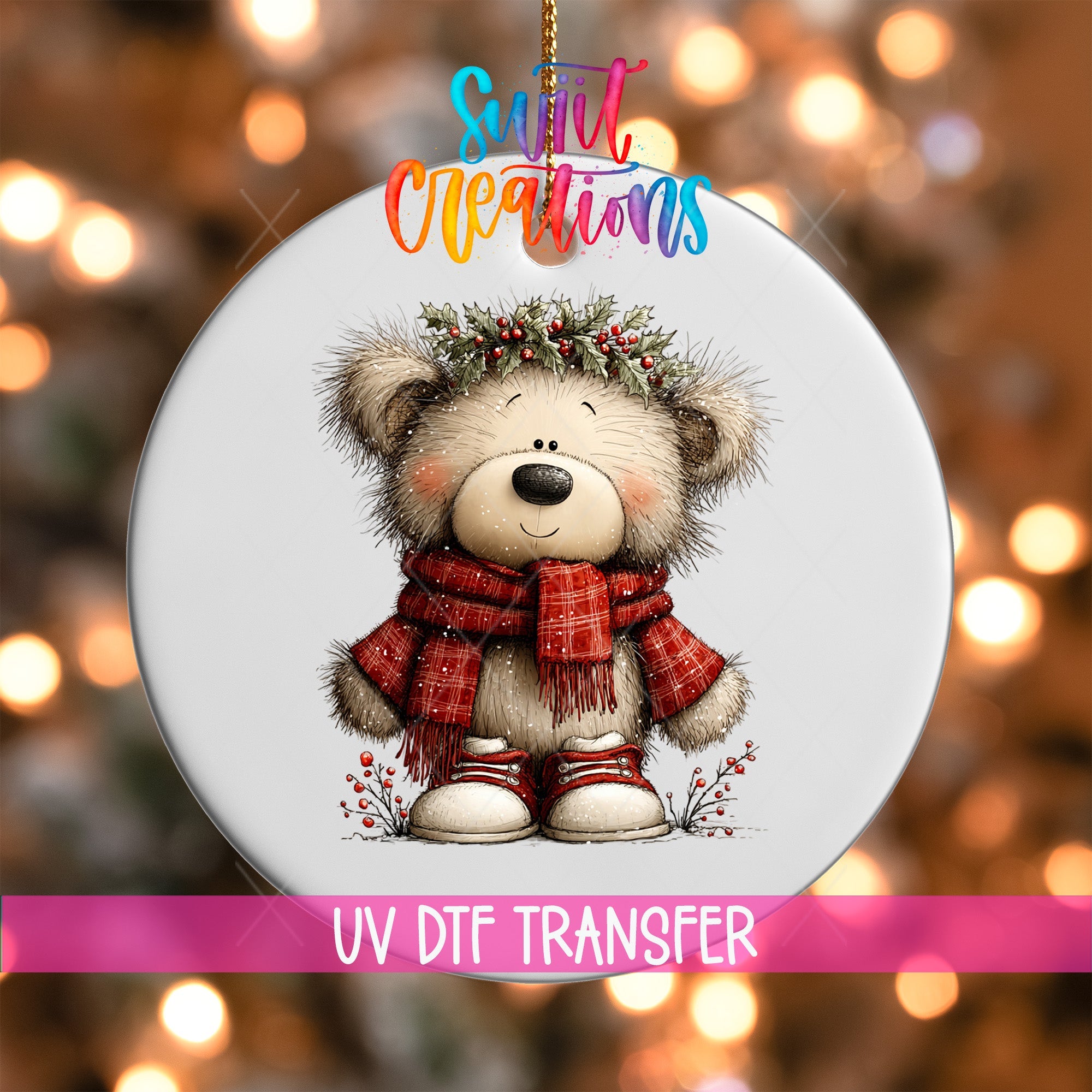 Cute Teddy Bear With Holly Crown UV DTF Ornament Transfer | O-1812 - Swiit Creations