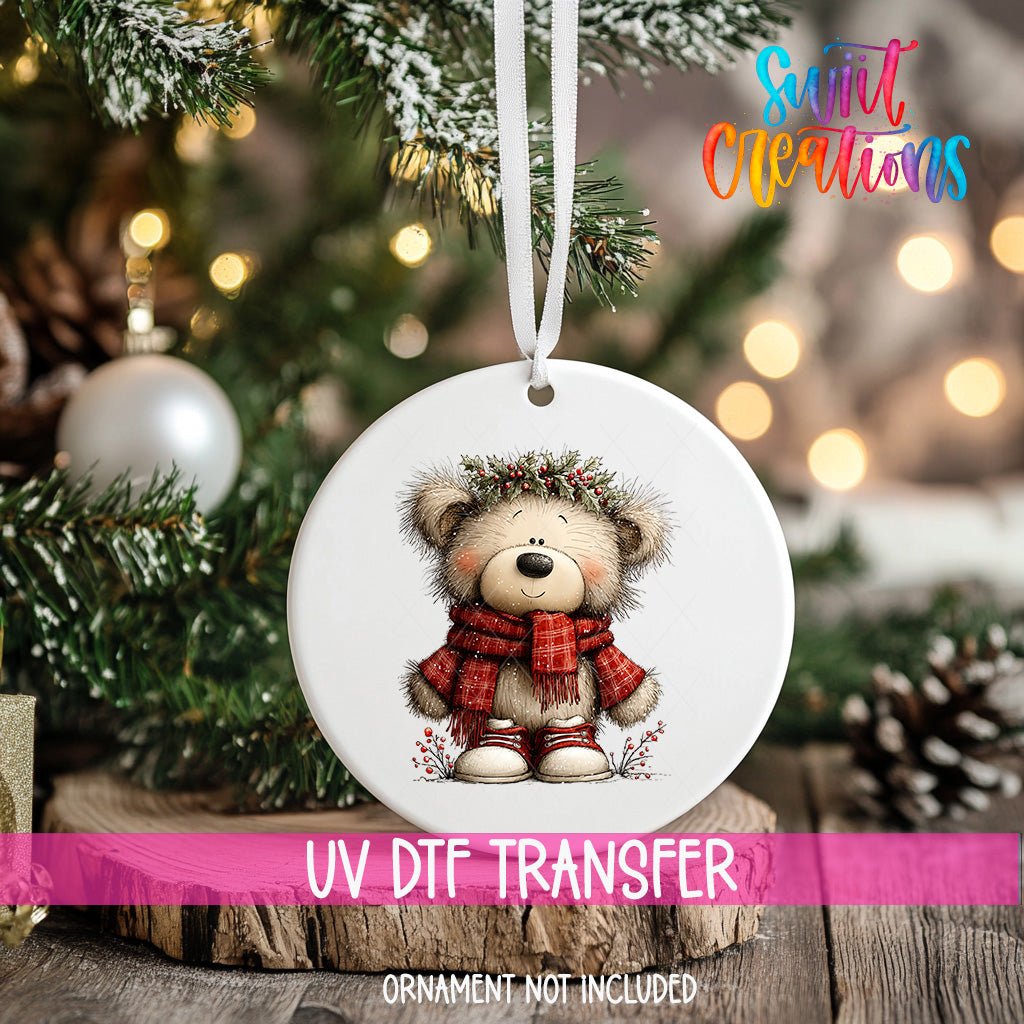 Cute Teddy Bear With Holly Crown UV DTF Ornament Transfer | O-1812 - Swiit Creations