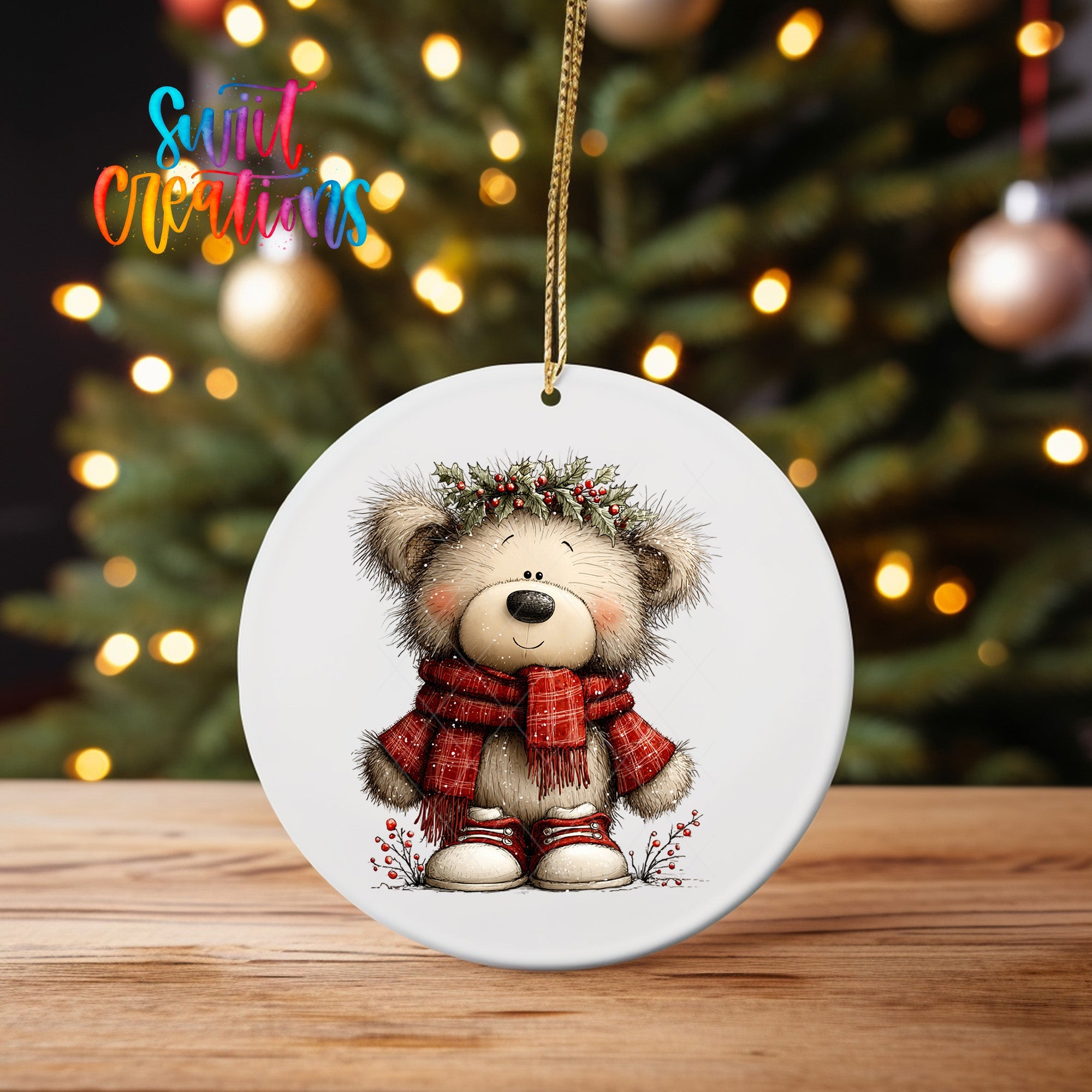 Cute Teddy Bear With Holly Crown UV DTF Ornament Transfer | O-1812 - Swiit Creations