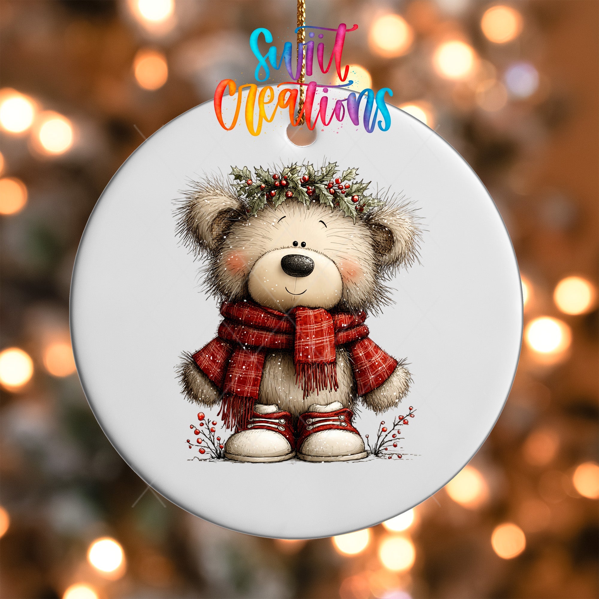 Cute Teddy Bear With Holly Crown UV DTF Ornament Transfer | O-1812 - Swiit Creations