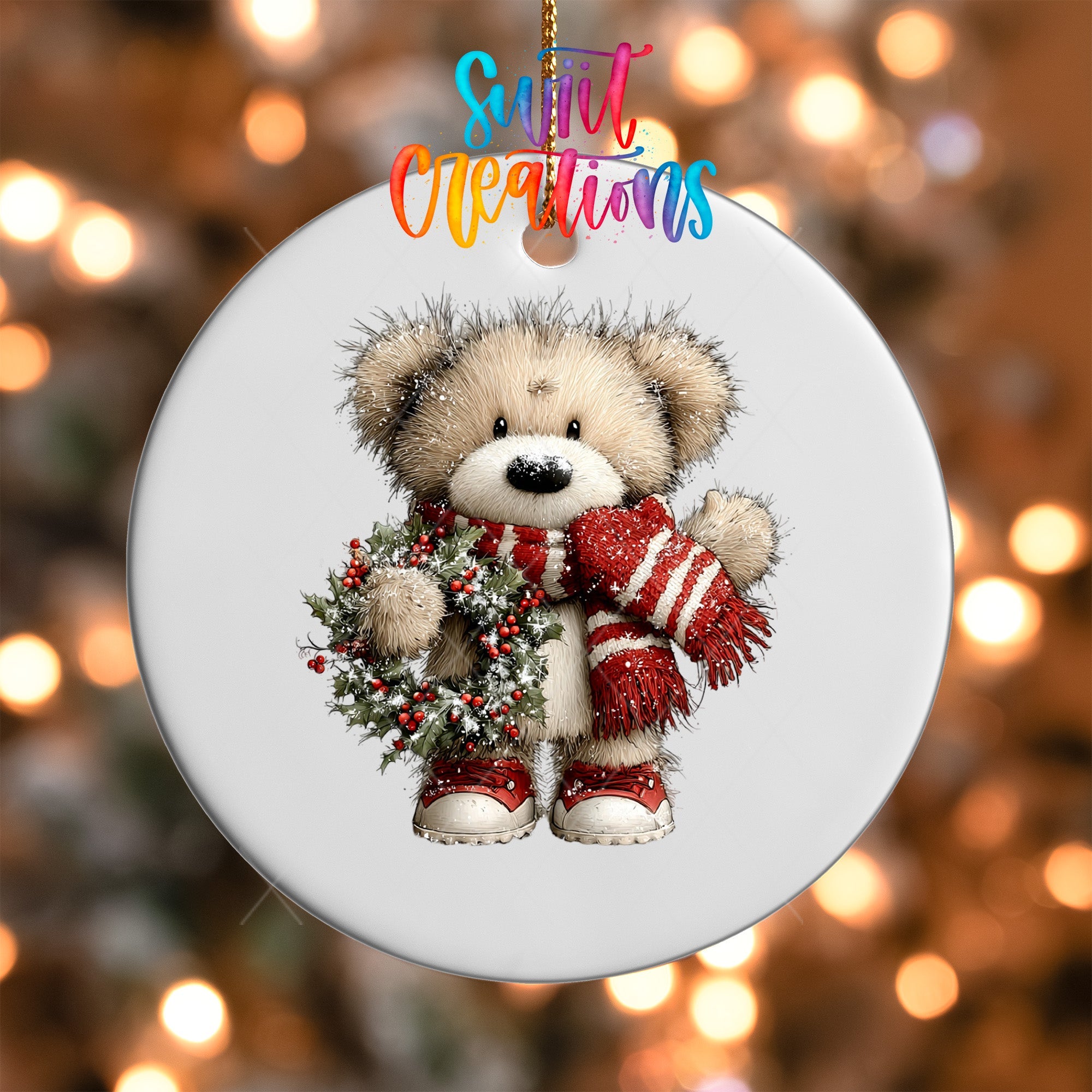 Cute Teddy Bear With Holly Wreath UV DTF Ornament Transfer | O-1810 - Swiit Creations