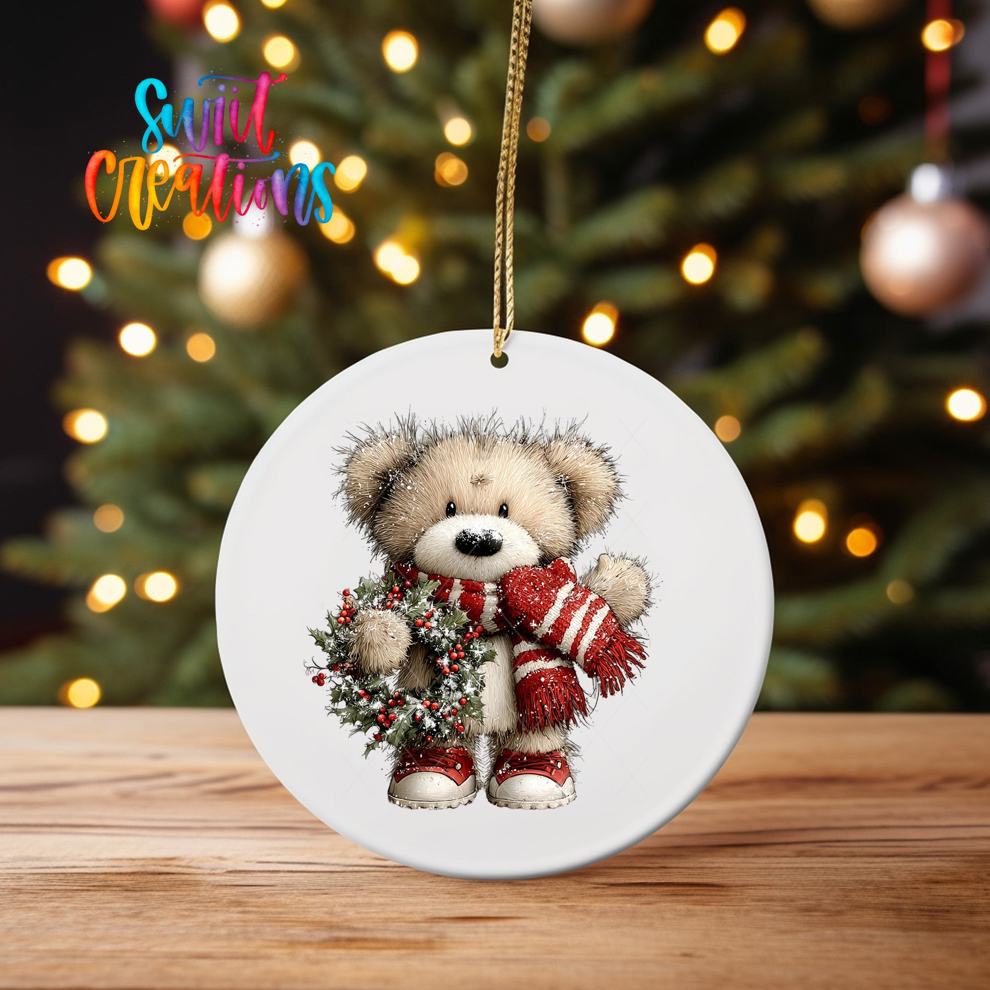 Cute Teddy Bear With Holly Wreath UV DTF Ornament Transfer | O-1810 - Swiit Creations