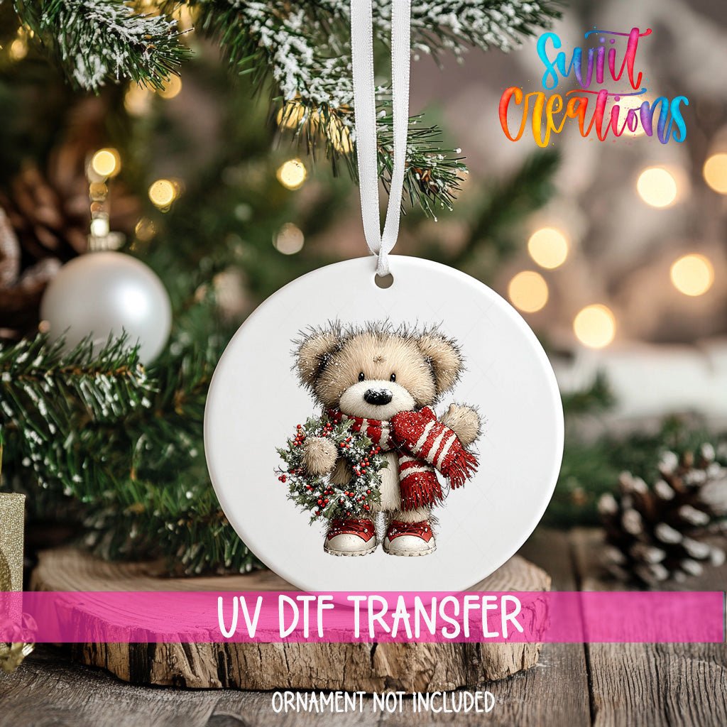 Cute Teddy Bear With Holly Wreath UV DTF Ornament Transfer | O-1810 - Swiit Creations