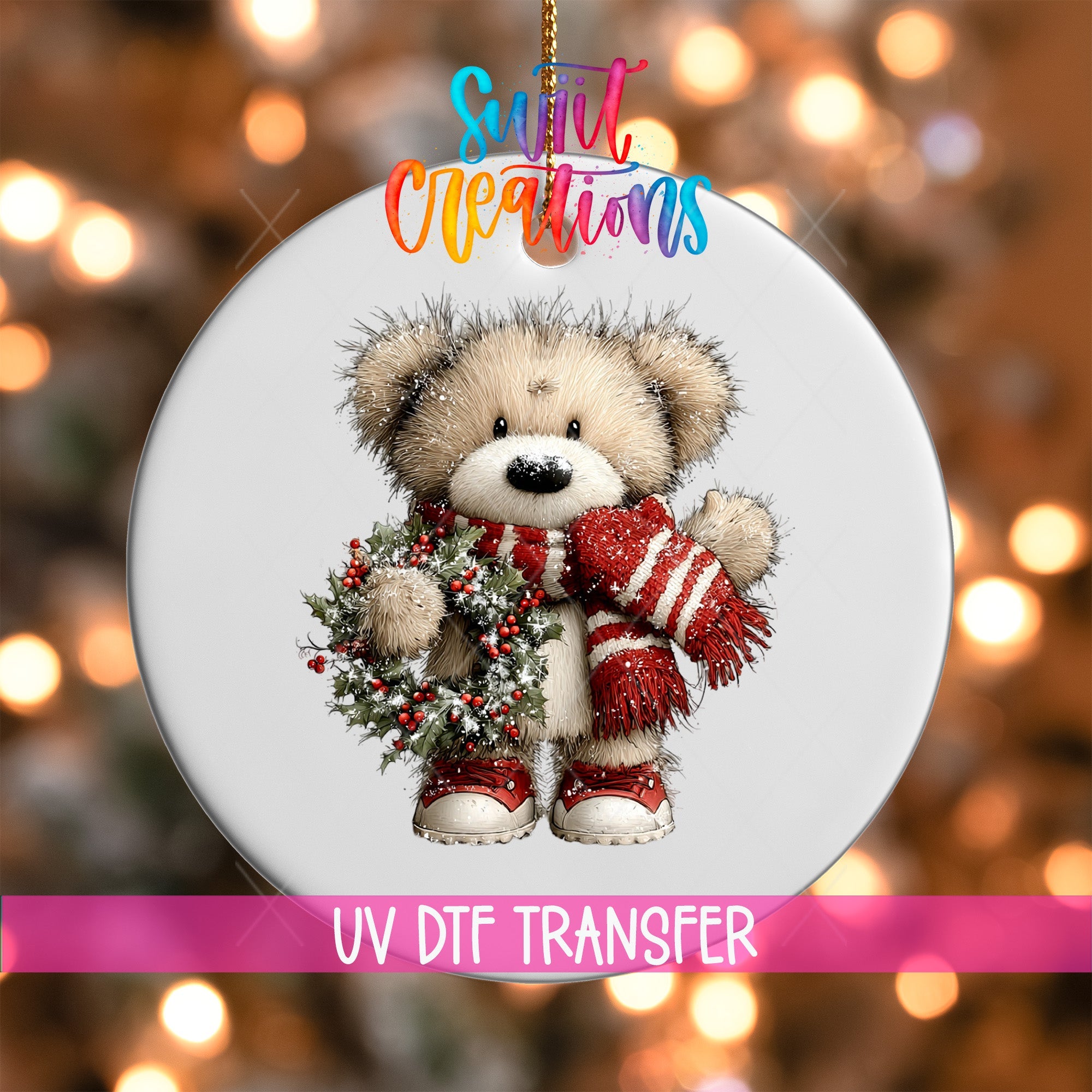 Cute Teddy Bear With Holly Wreath UV DTF Ornament Transfer | O-1810 - Swiit Creations