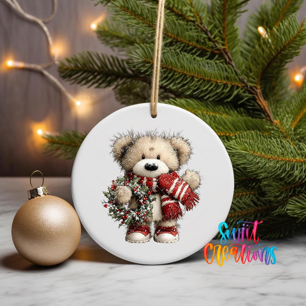 Cute Teddy Bear With Holly Wreath UV DTF Ornament Transfer | O-1810 - Swiit Creations