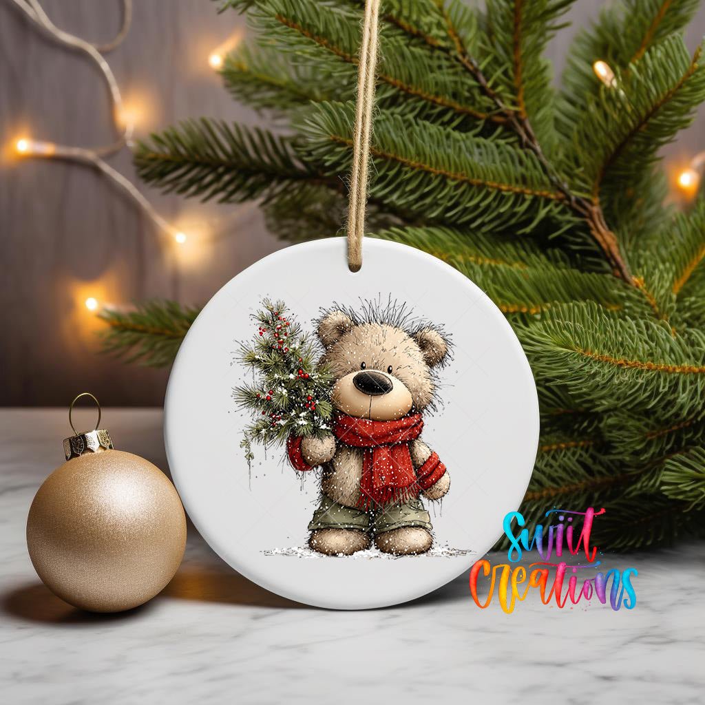 Cute Teddy Bear With Pine Branch UV DTF Ornament Transfer | O-1811 - Swiit Creations
