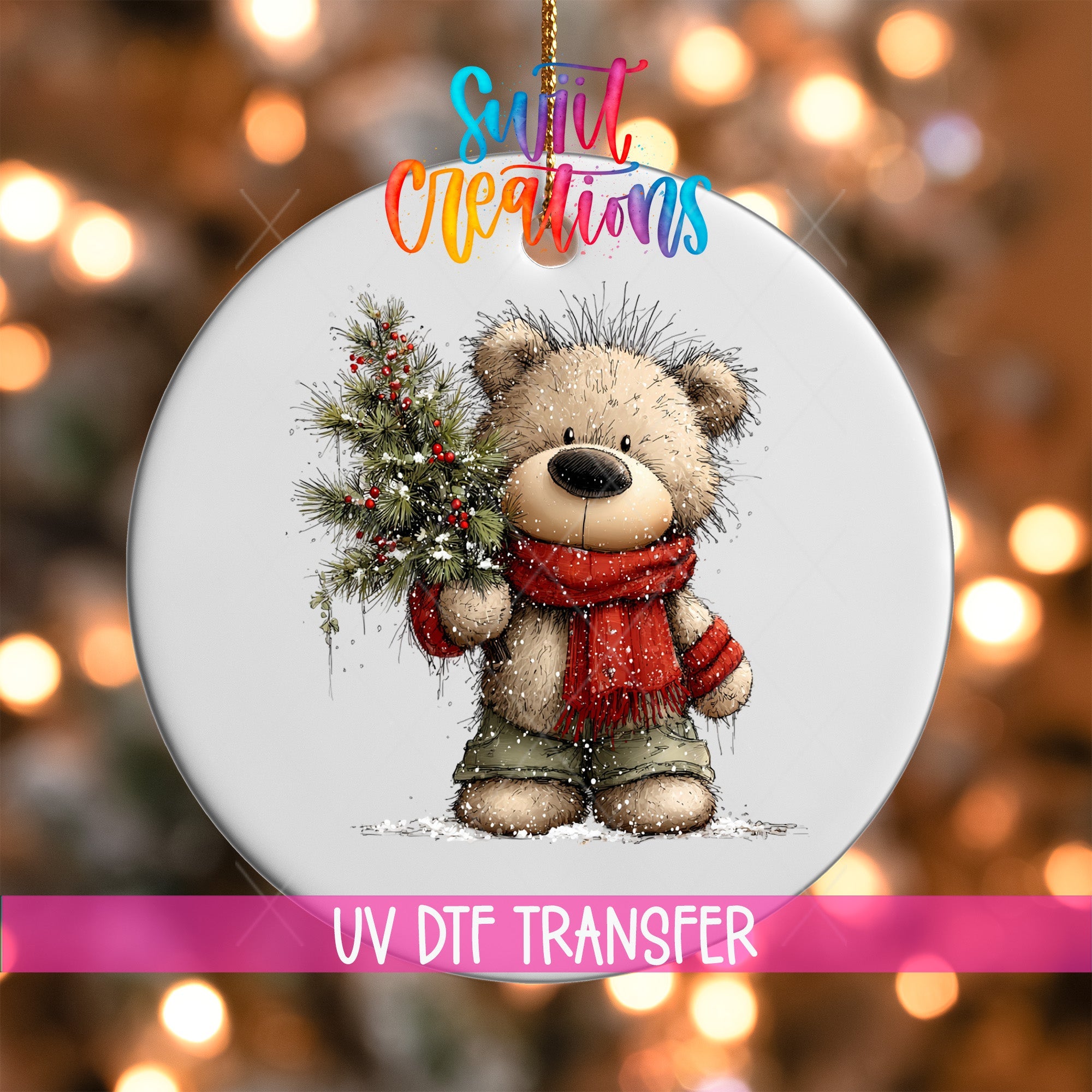 Cute Teddy Bear With Pine Branch UV DTF Ornament Transfer | O-1811 - Swiit Creations