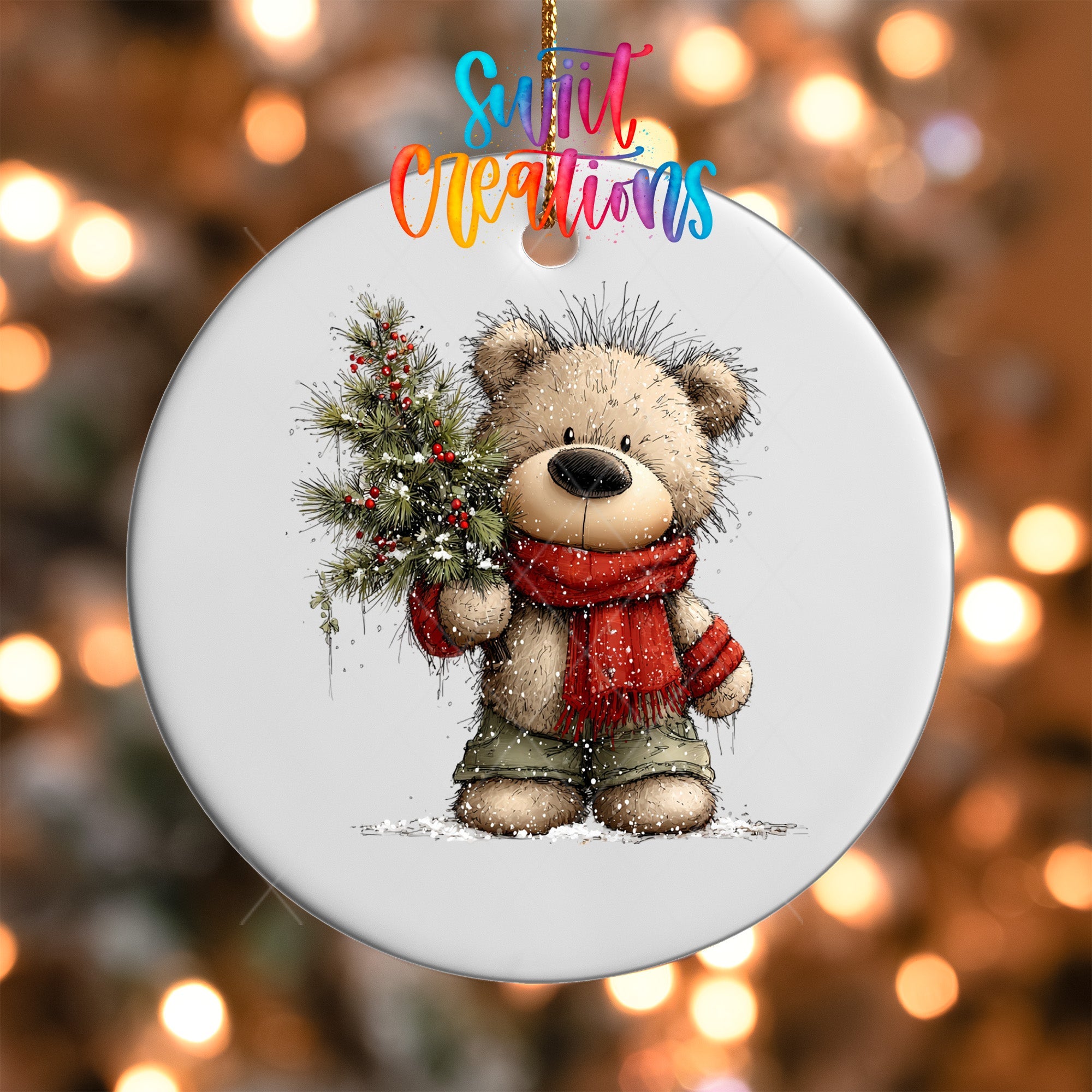 Cute Teddy Bear With Pine Branch UV DTF Ornament Transfer | O-1811 - Swiit Creations