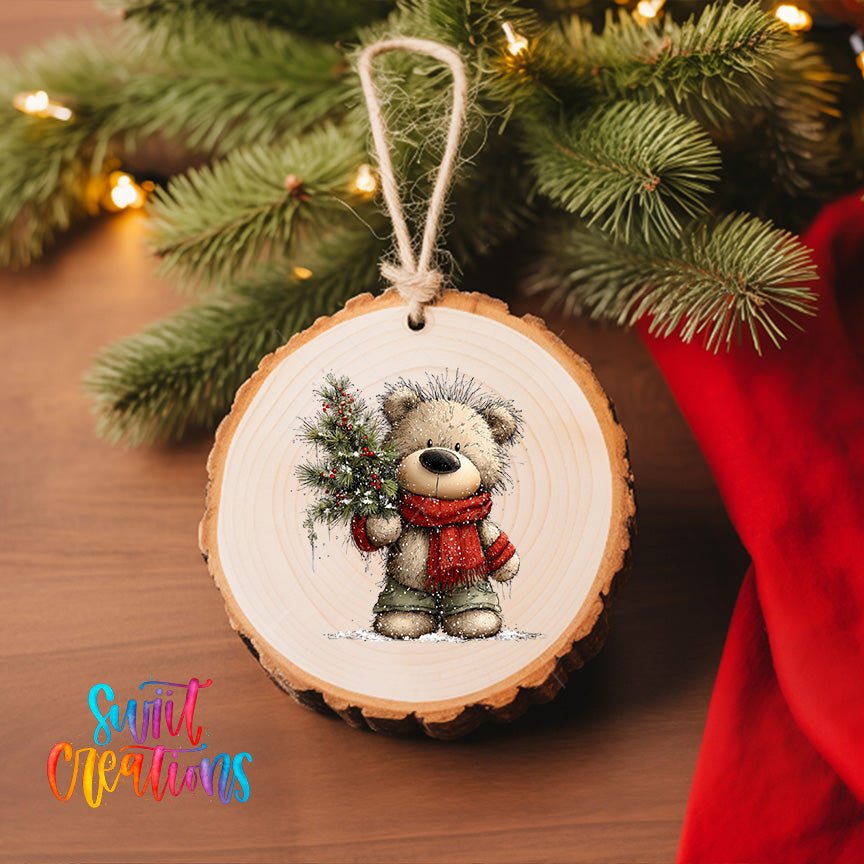 Cute Teddy Bear With Pine Branch UV DTF Ornament Transfer | O-1811 - Swiit Creations