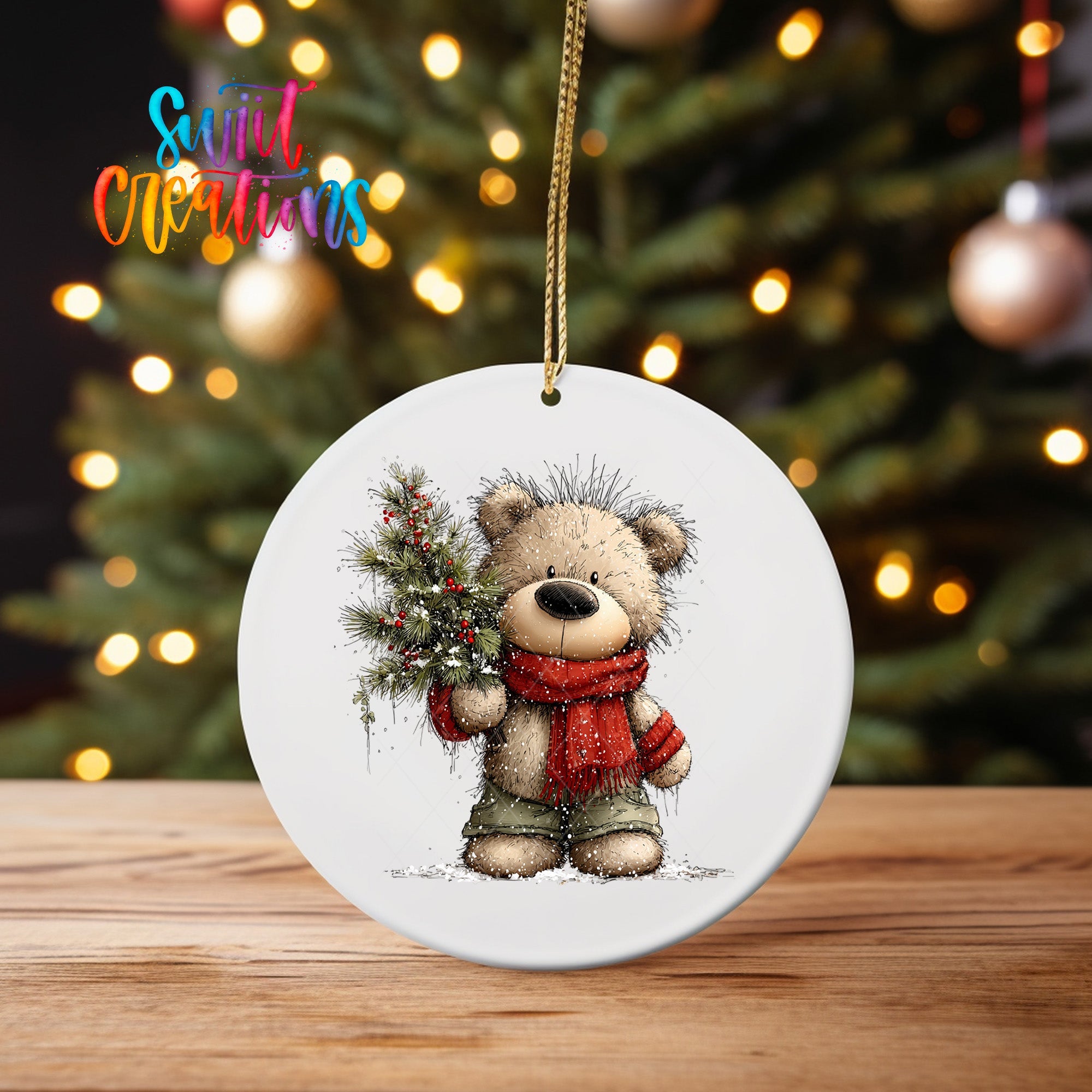 Cute Teddy Bear With Pine Branch UV DTF Ornament Transfer | O-1811 - Swiit Creations
