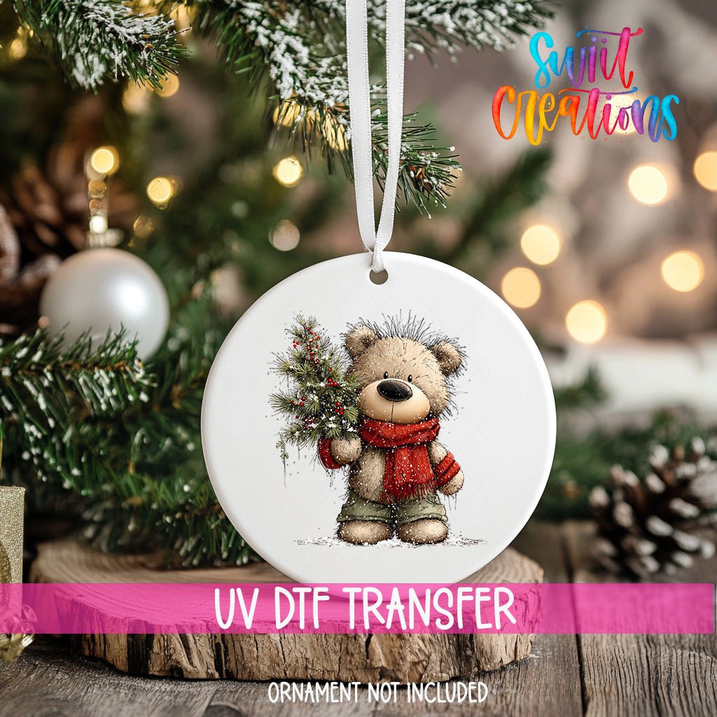 Cute Teddy Bear With Pine Branch UV DTF Ornament Transfer | O-1811 - Swiit Creations