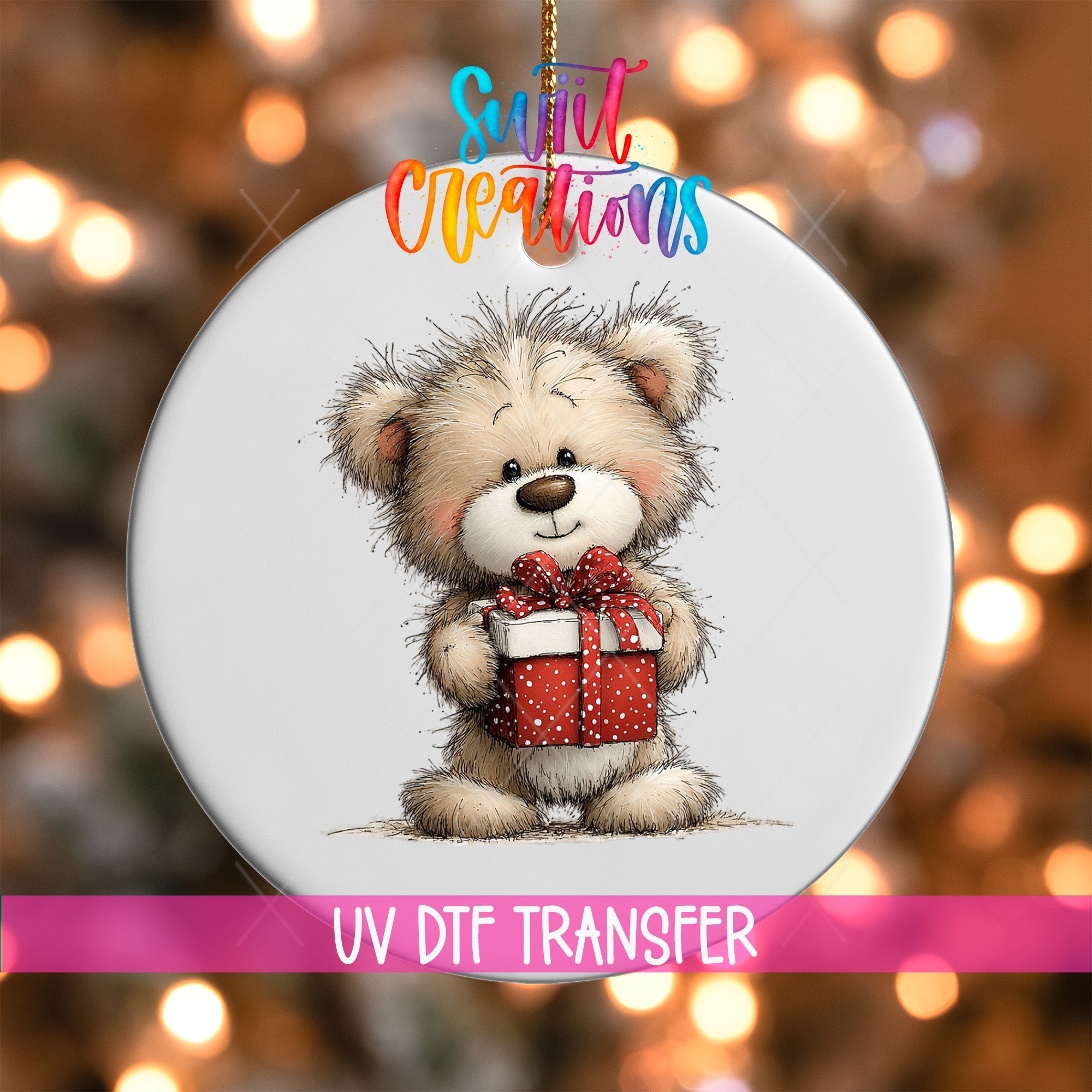 Cute Teddy Bear With Present UV DTF Ornament Transfer | O-1809 - Swiit Creations