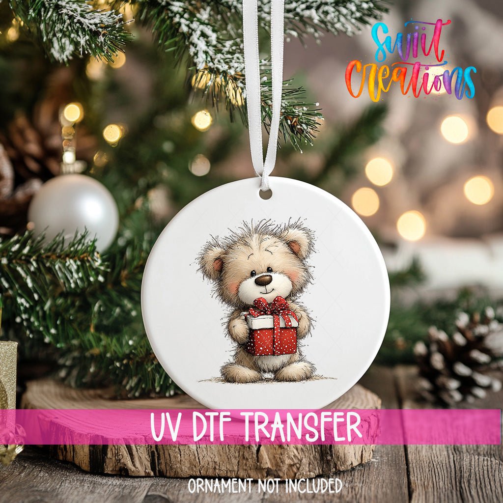 Cute Teddy Bear With Present UV DTF Ornament Transfer | O-1809 - Swiit Creations
