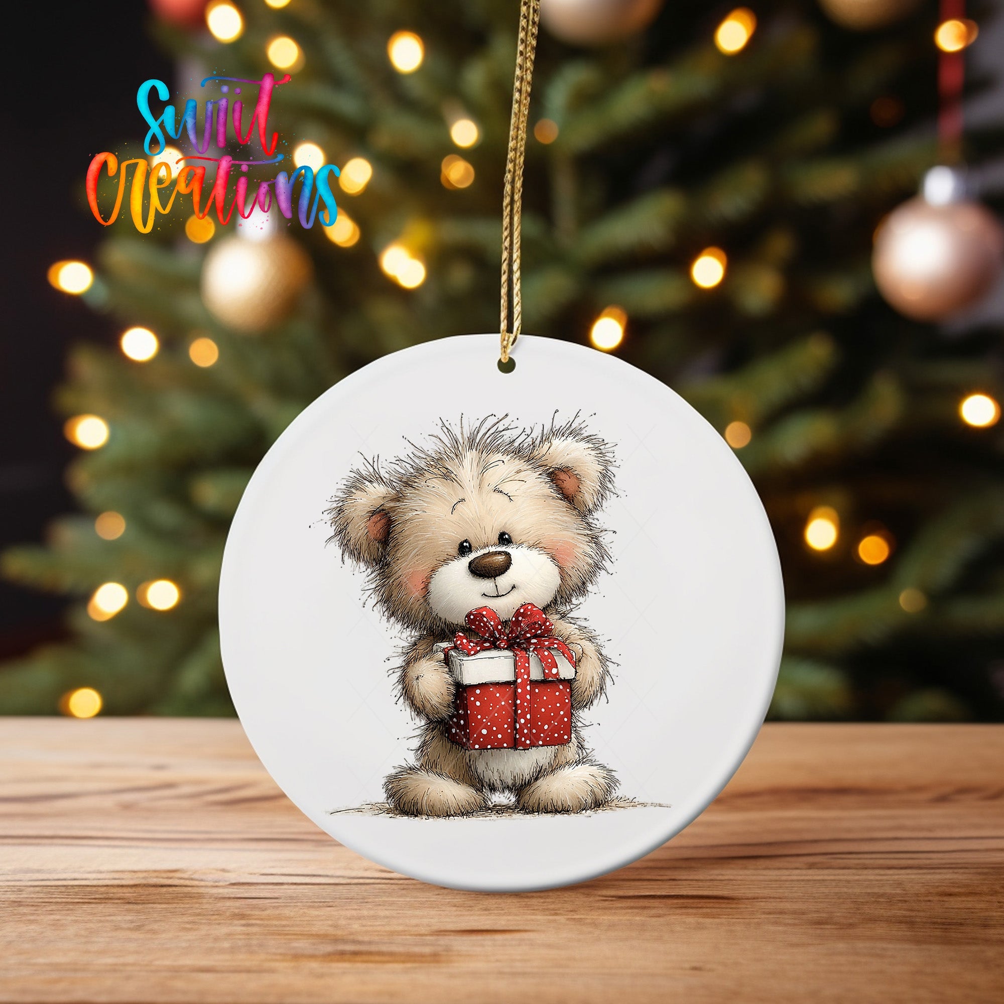 Cute Teddy Bear With Present UV DTF Ornament Transfer | O-1809 - Swiit Creations