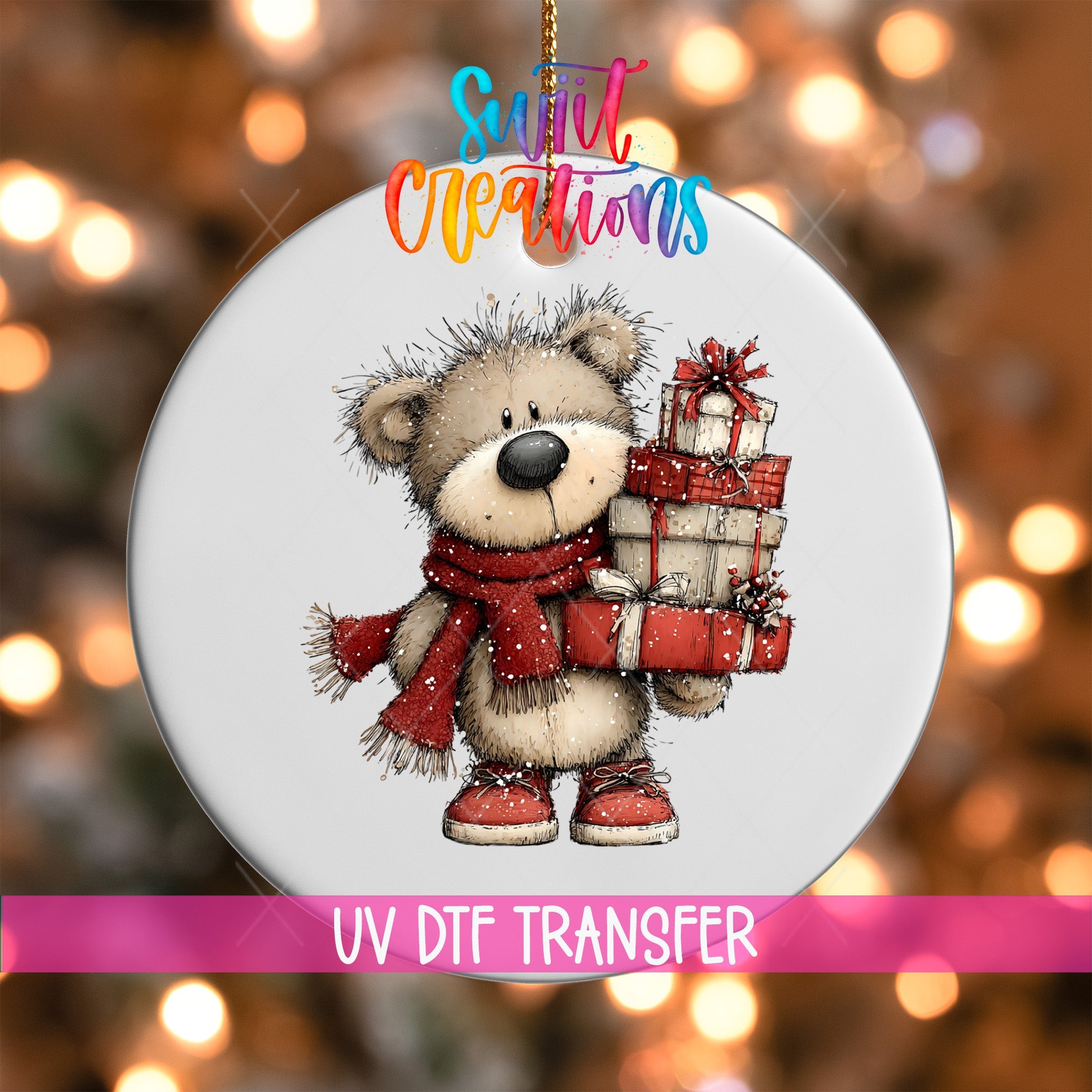Cute Teddy Bear With Presents UV DTF Ornament Transfer | O-1794 - Swiit Creations
