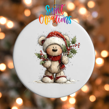 Close-up of the Teddy Bear in Santa Hat UV DTF transfer on a round white ornament