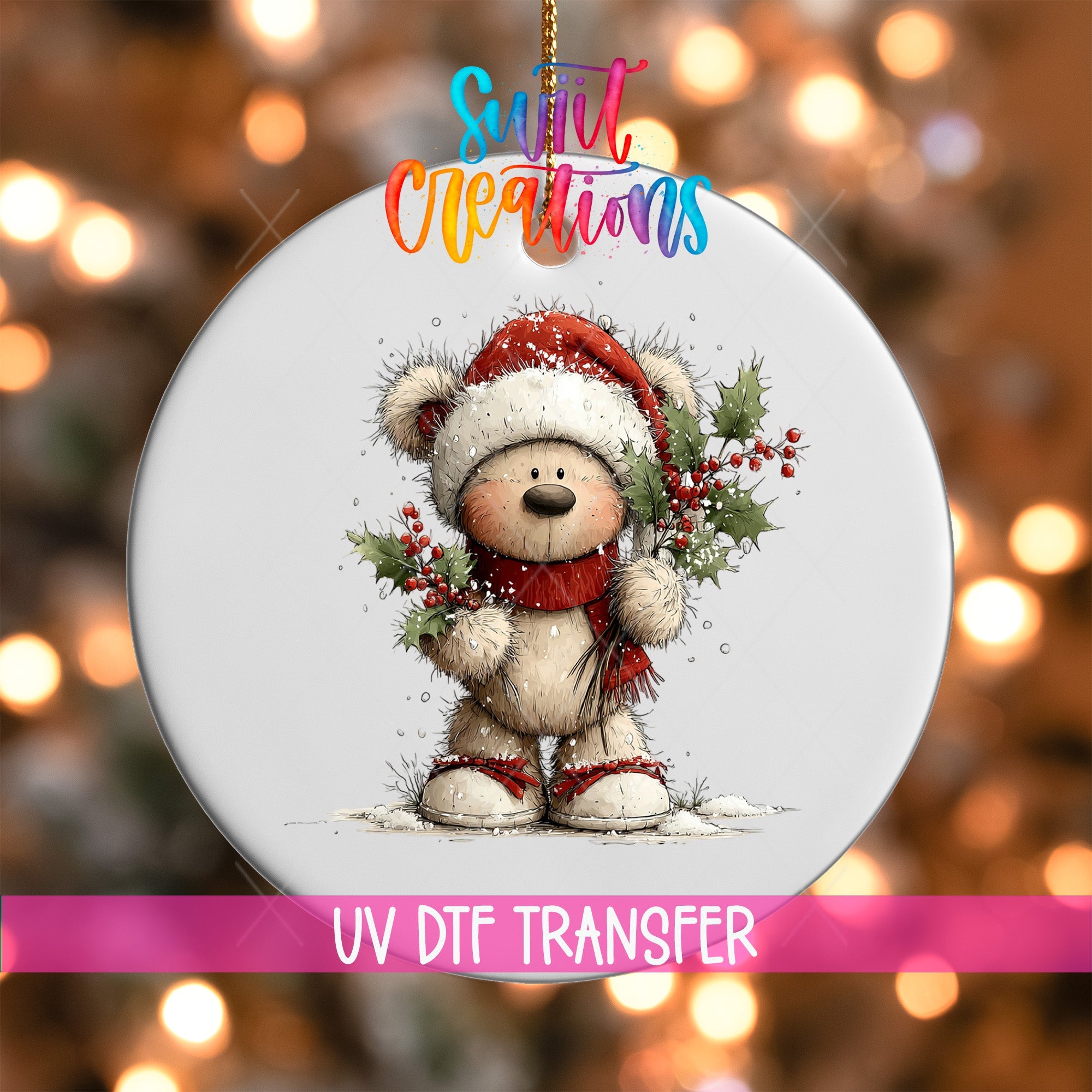 Cute Teddy Bear With Santa Hat UV DTF Ornament Transfer | O-1790 - Swiit Creations