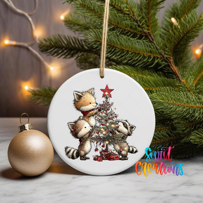 Woodland Friends Decorating a Tree ornament UV DTF transfer on a hanging ornament with pine branches and a gold bauble