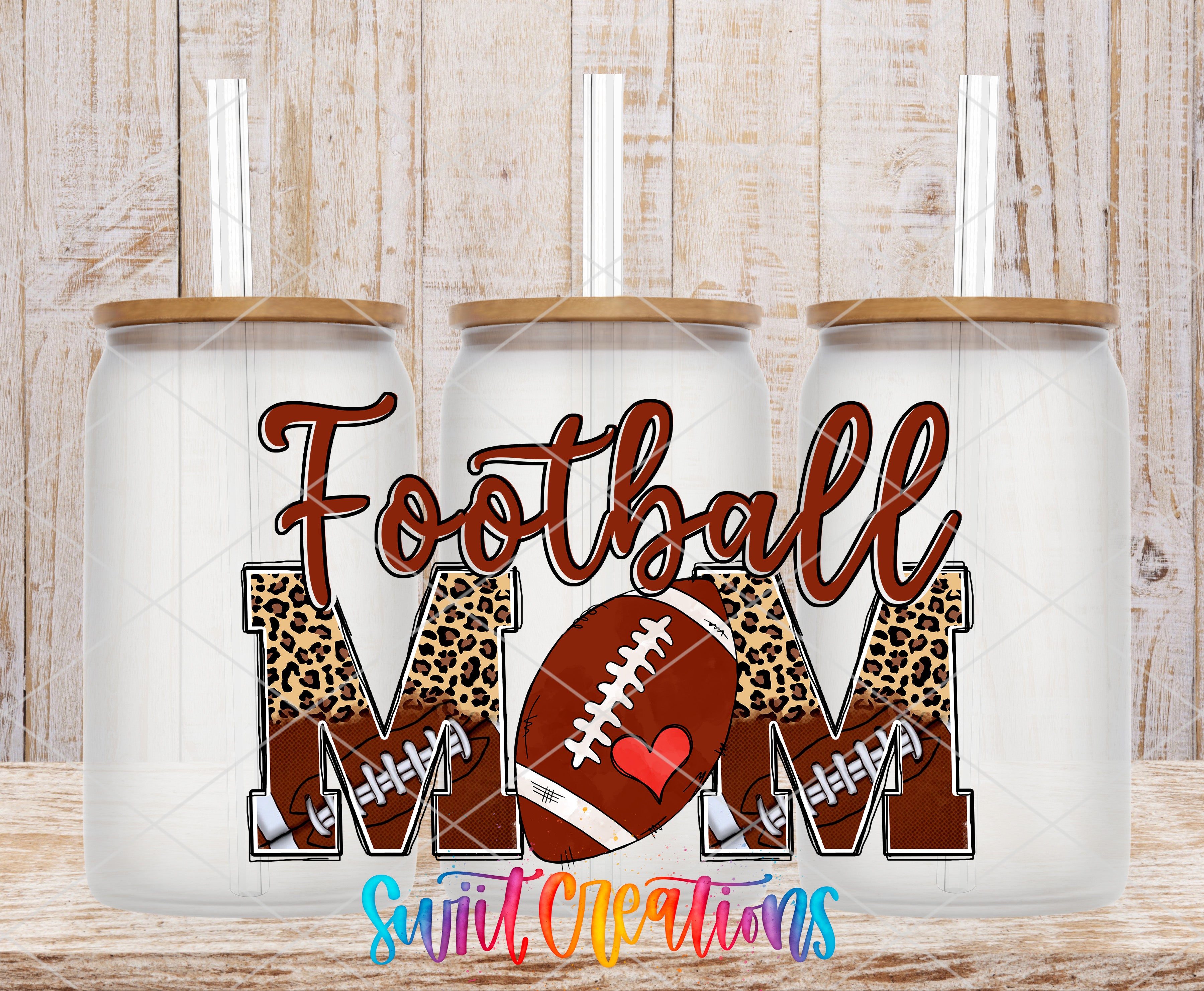 three glass tumblers with the text "Football Mom" printed on them, along with football-related graphics such as a football and leopard print.