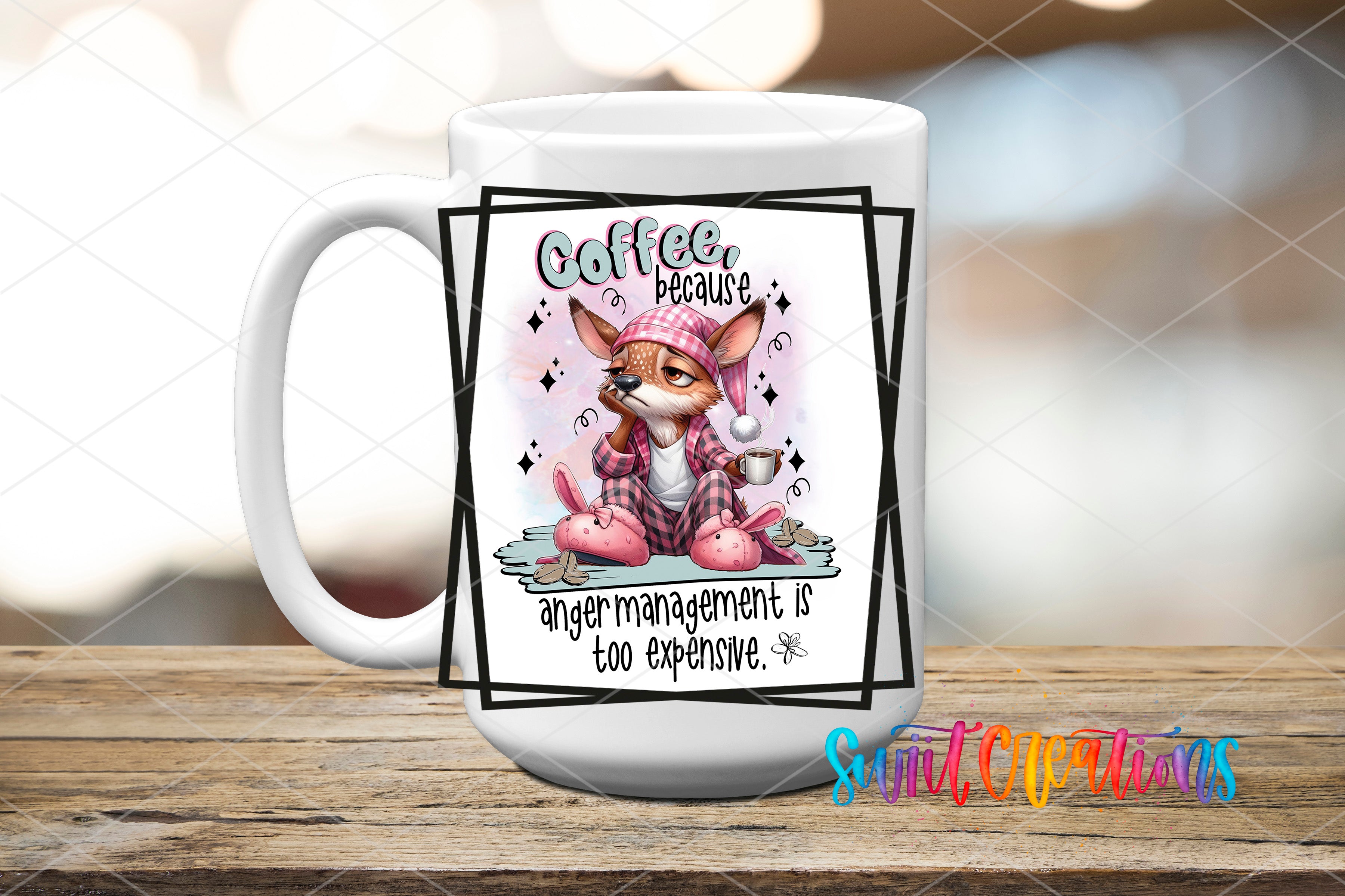 A white coffee mug with a cartoon image of a cat wearing a hat and holding a cup of coffee, along with the text "Coffee because" and "anger management is too expensive."