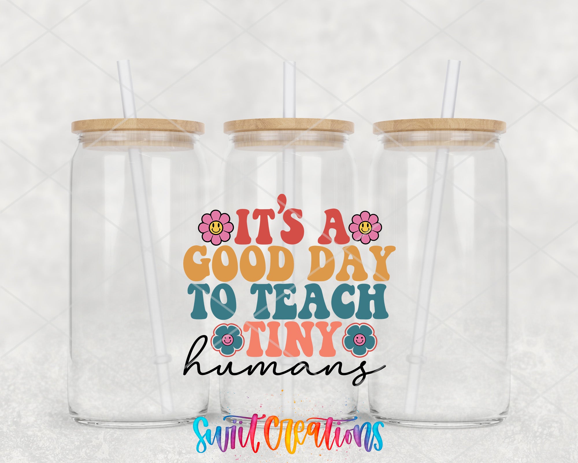 two clear tumblers with colorful lettering on them