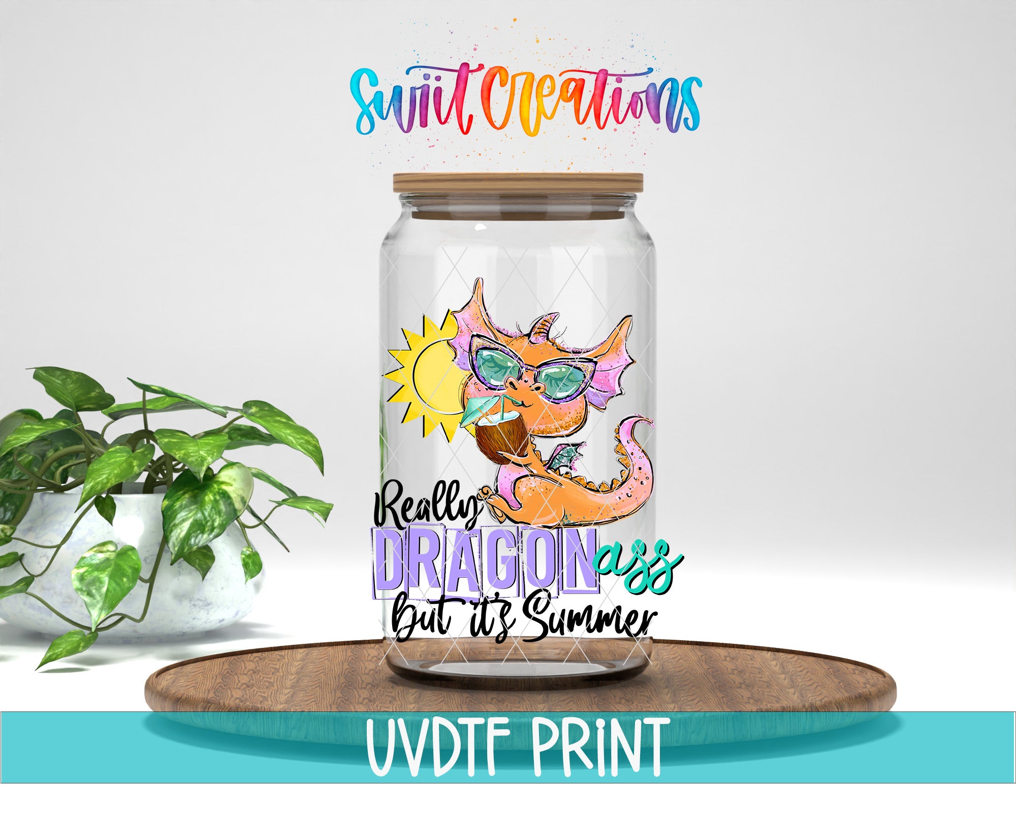 A glass jar with a dragon design and sunglasses on it, placed on a wooden surface.