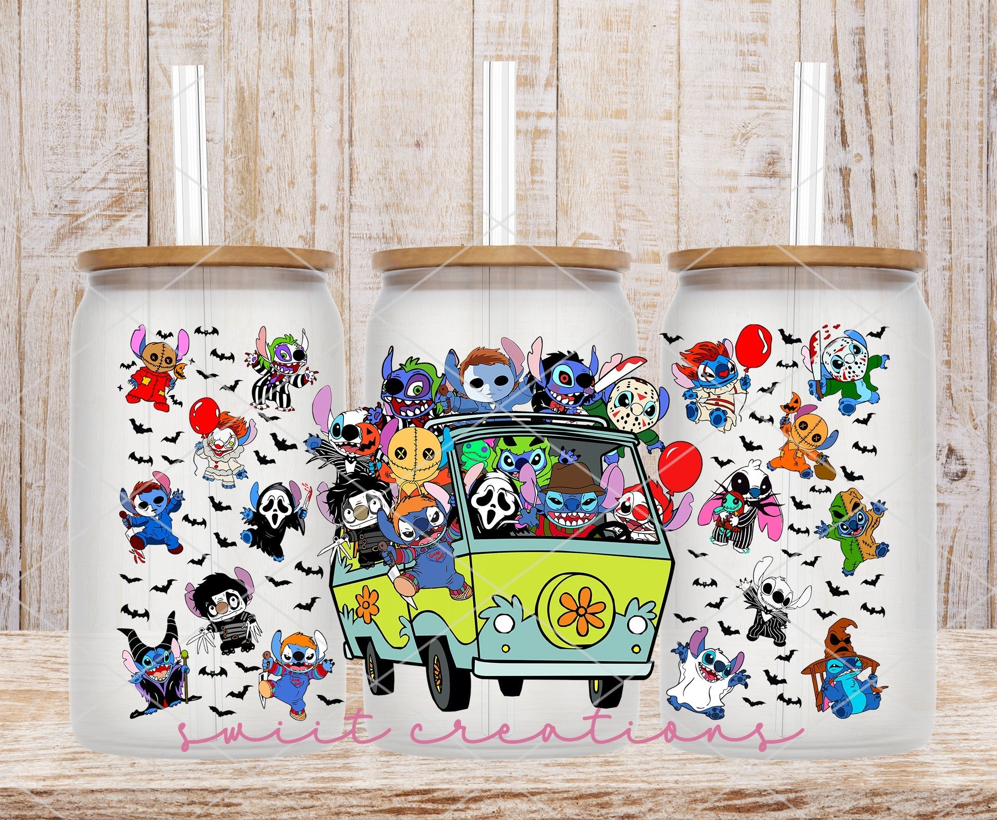 a couple of cups with cartoon characters on them