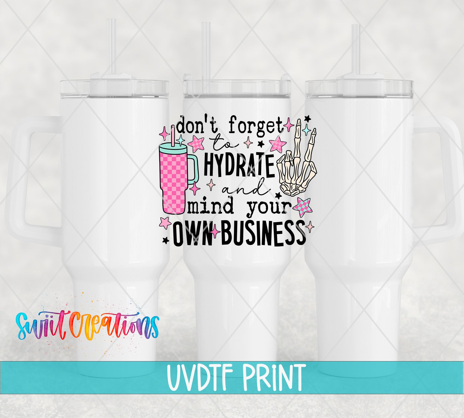 a white tumbler with a printed text and graphic design on it.