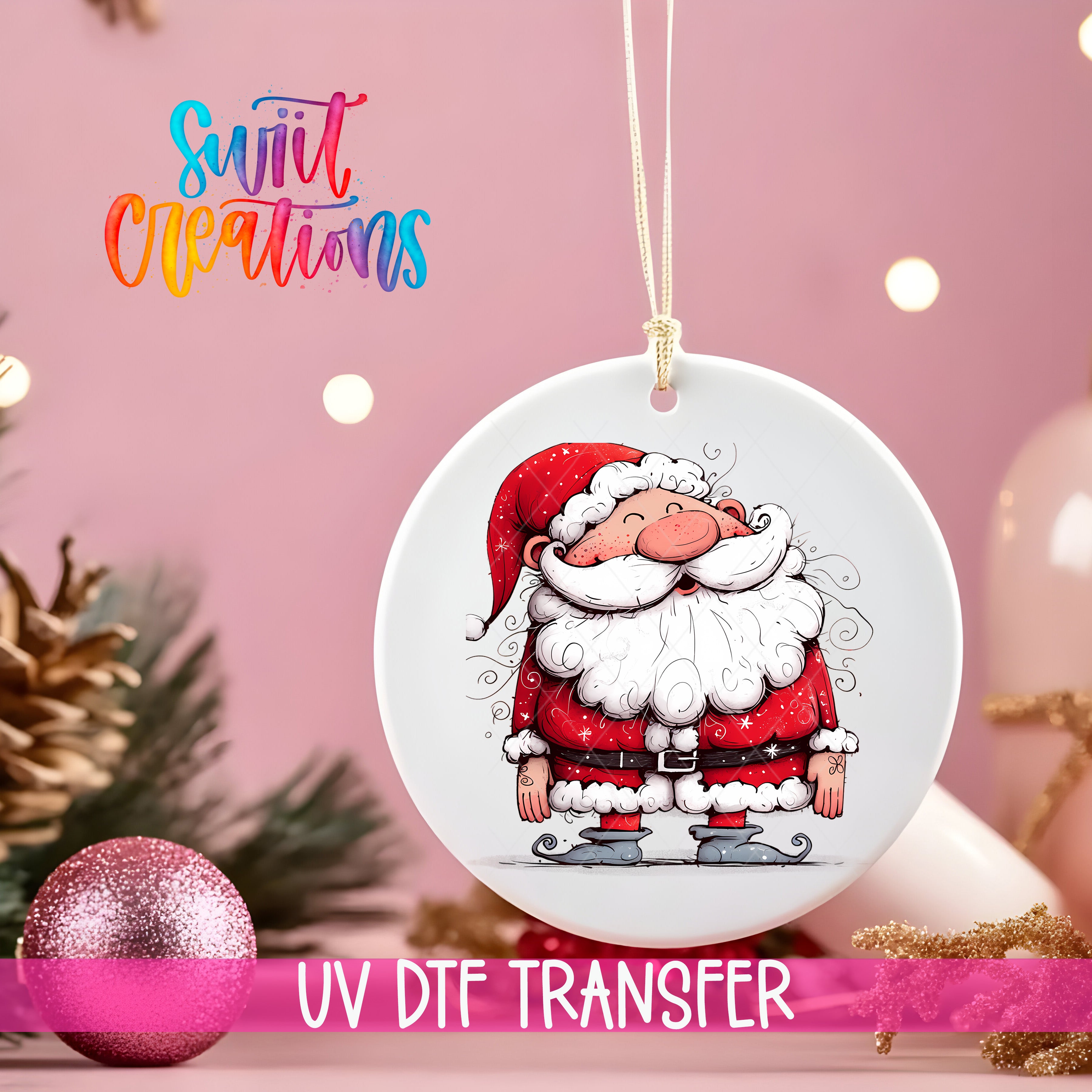 A white ornament with a Santa Claus illustration is hanging on a string, with a pink background and Christmas decorations in the background.