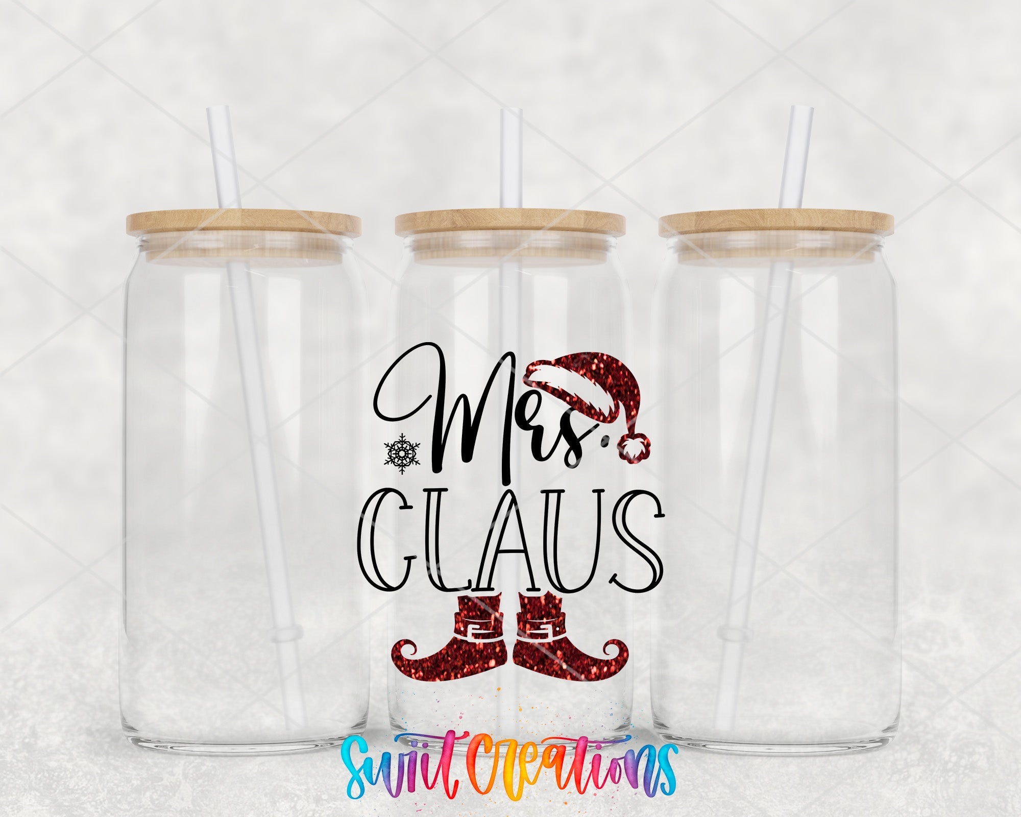 a couple of glasses with santa hats on them