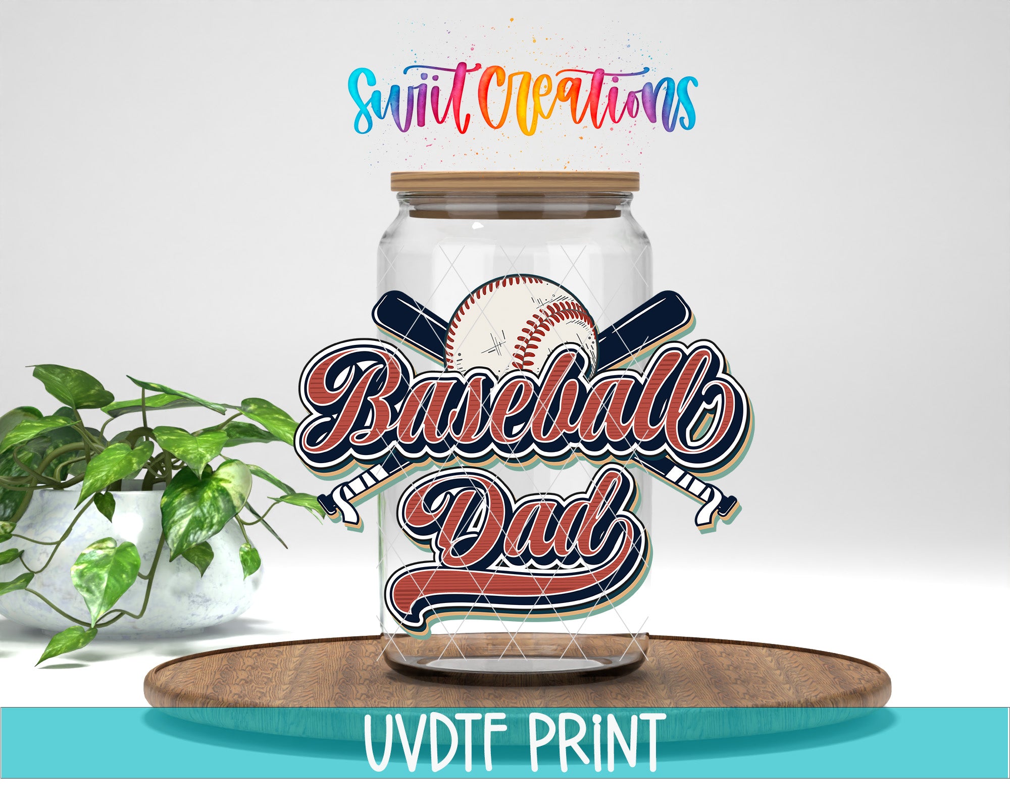 a glass jar with a baseball and bat design, along with the text "Baseball Dad" written on it. The jar is placed on a wooden surface, and there is a potted plant in the background.