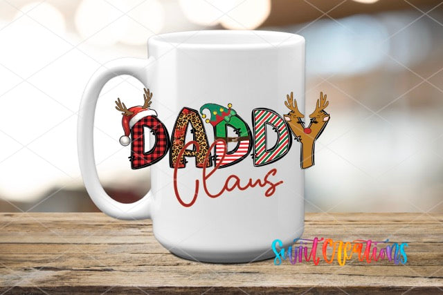 a coffee mug with the word daddy claus printed on it