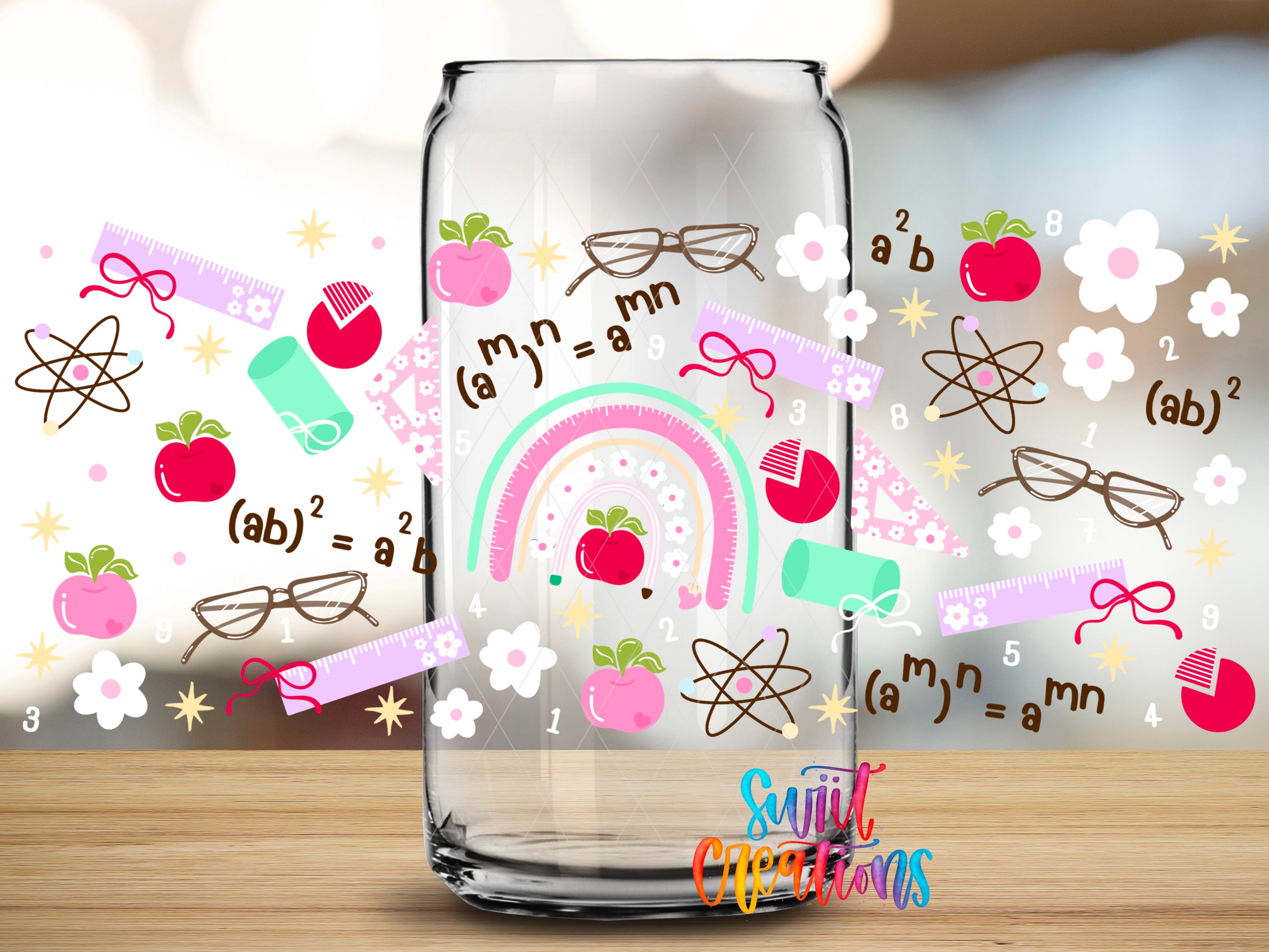 a glass jar with various colorful illustrations and mathematical symbols on it, including apples, glasses, and equations.