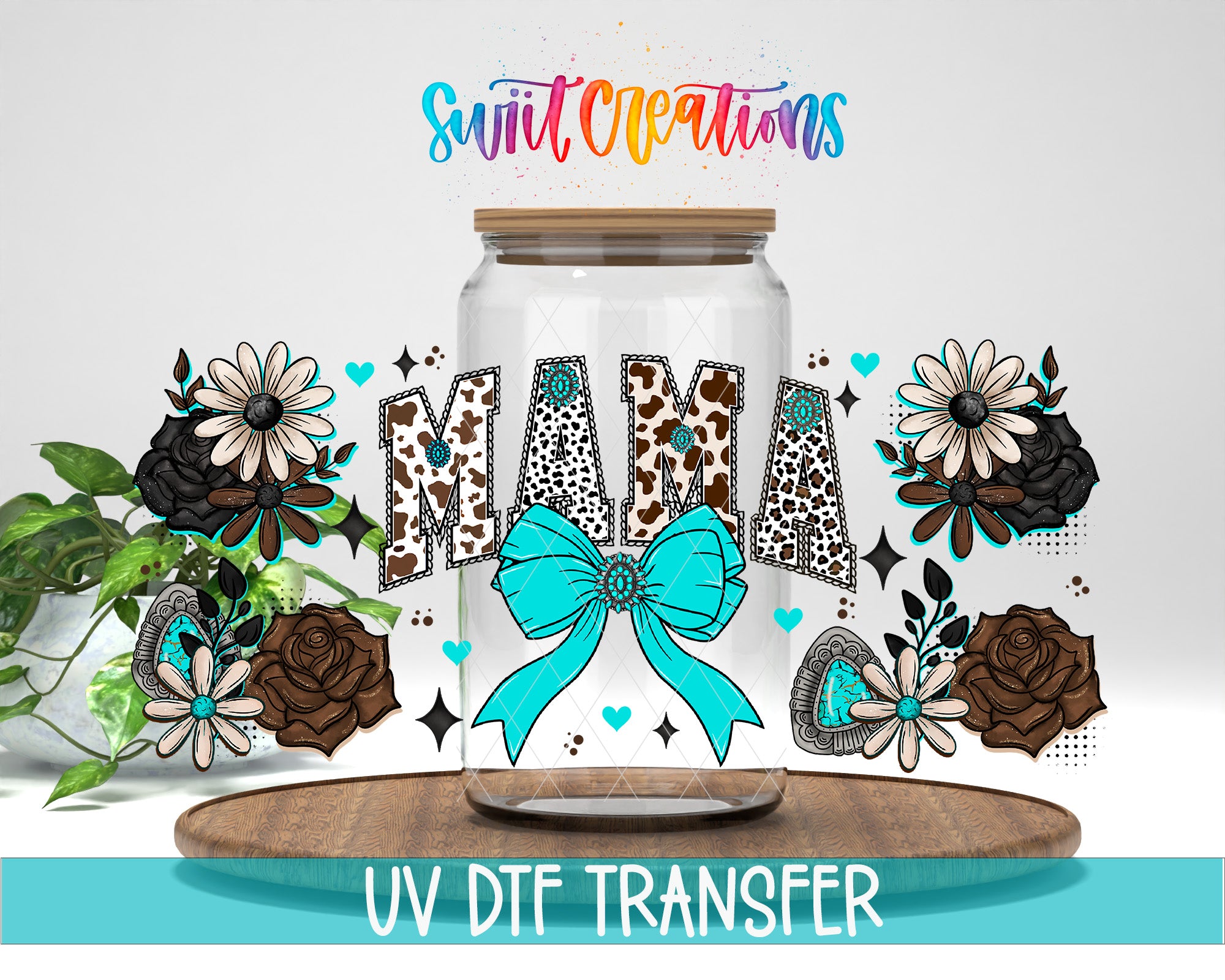 a glass jar with a blue bow and various floral and geometric designs surrounding it, along with the text "Swift Creations" and "UV DFT Transfer".