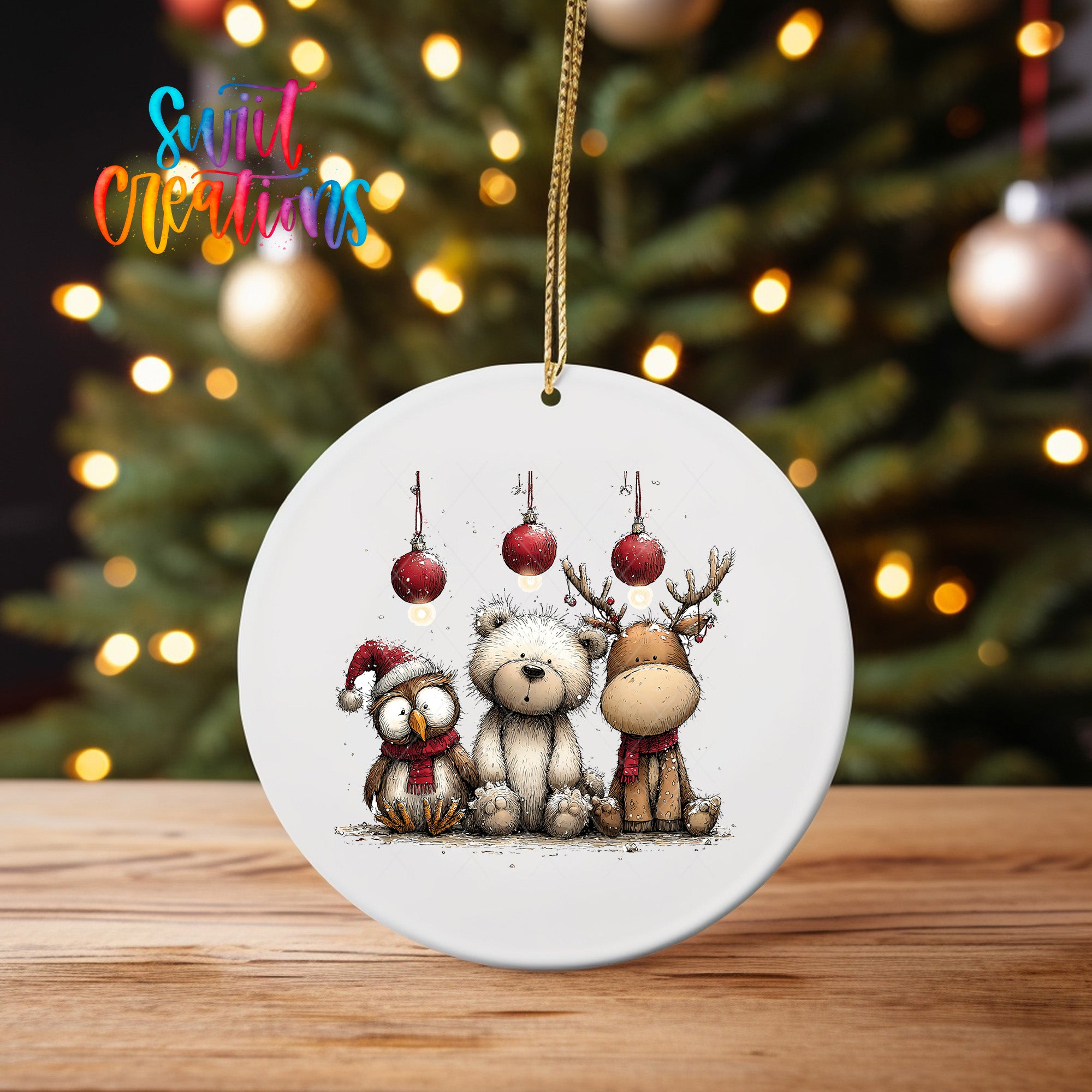 A white ceramic ornament featuring a group of animals, including a bear, a deer, and an owl, sitting together and smiling.