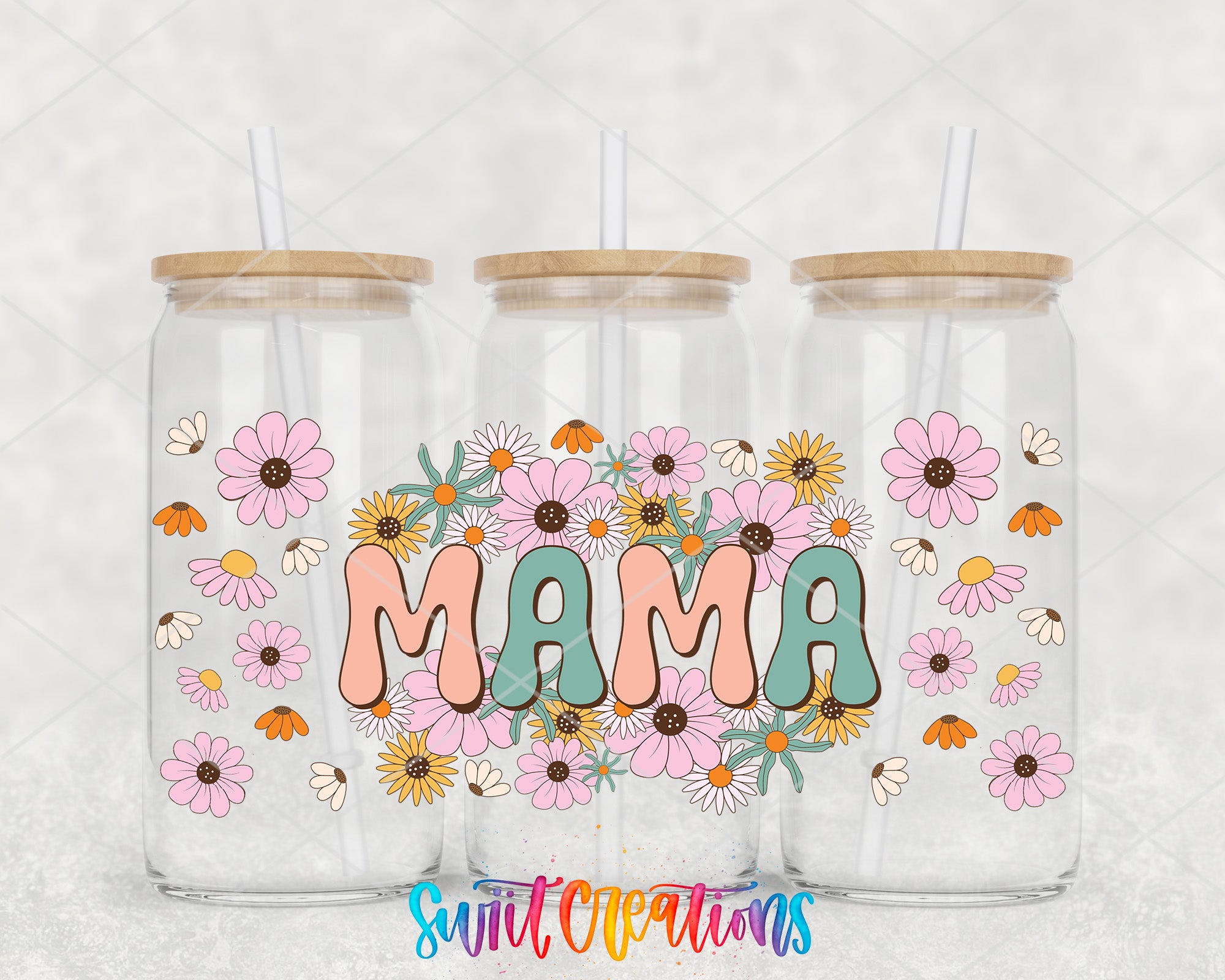 Three glass tumblers with wooden lids, each decorated with a floral design and the word "MAMA" written in colorful letters.