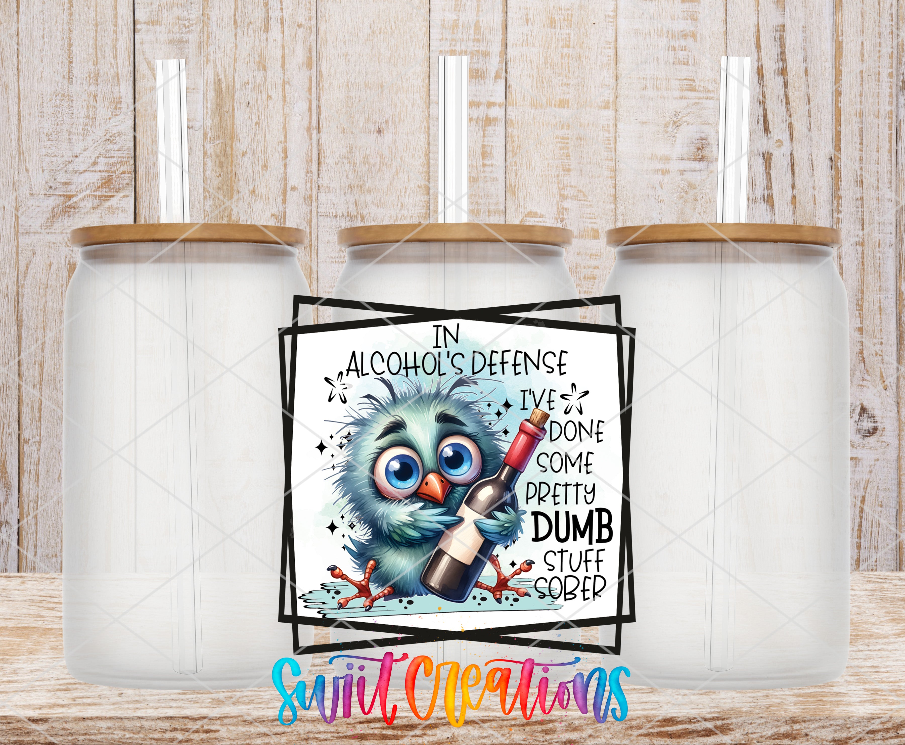 A humorous image featuring a cartoon owl holding a wine bottle, with text that reads "In alcohol's defense, I've done some pretty dumb stuff."