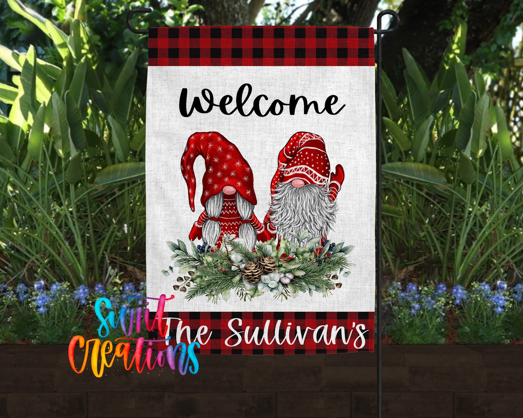 A banner featuring a red and white gnome design with a wreath of greenery and pine cones, set against a backdrop of lush greenery and flowers.
