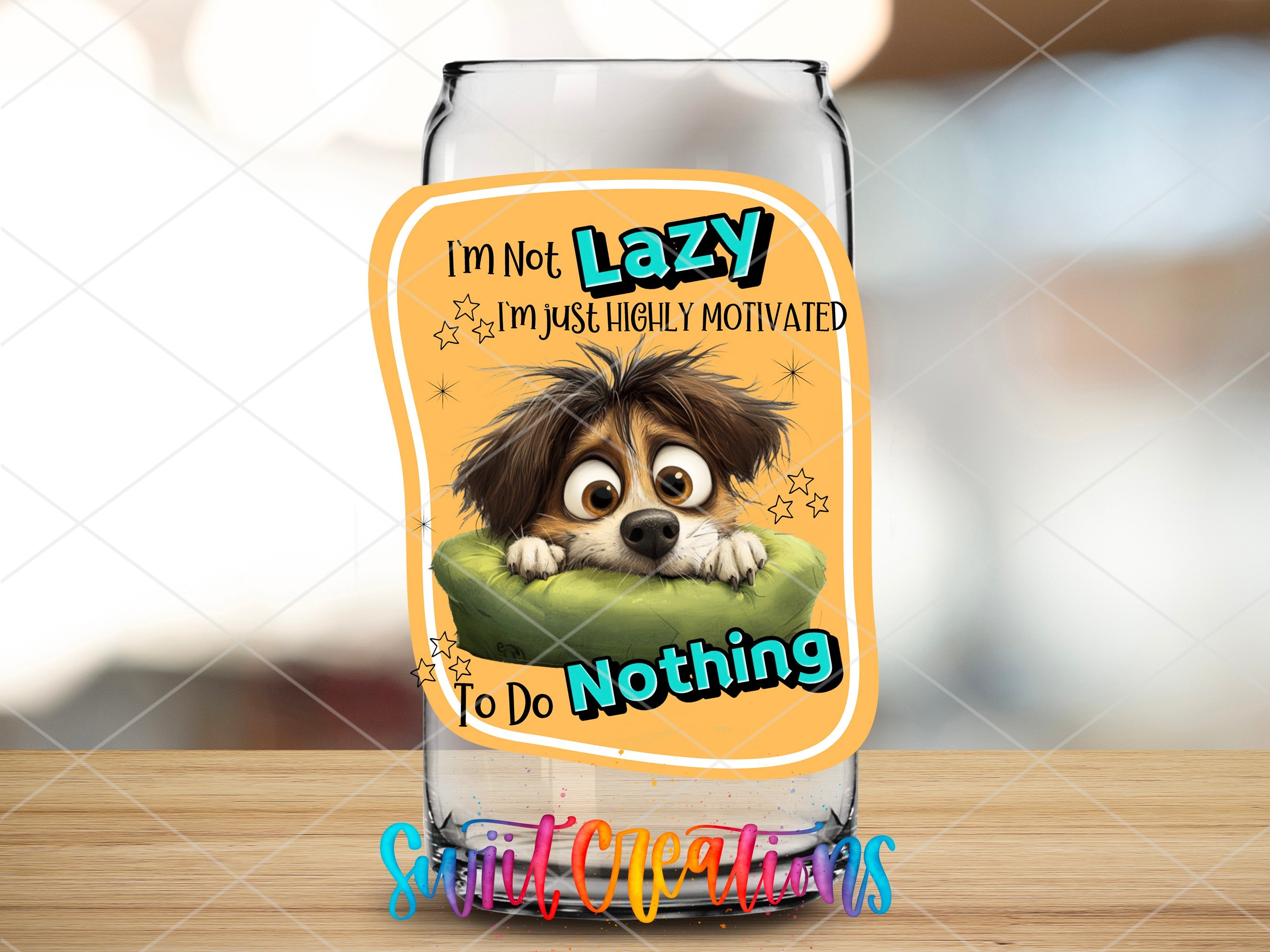 a glass bottle with a cartoon dog on it