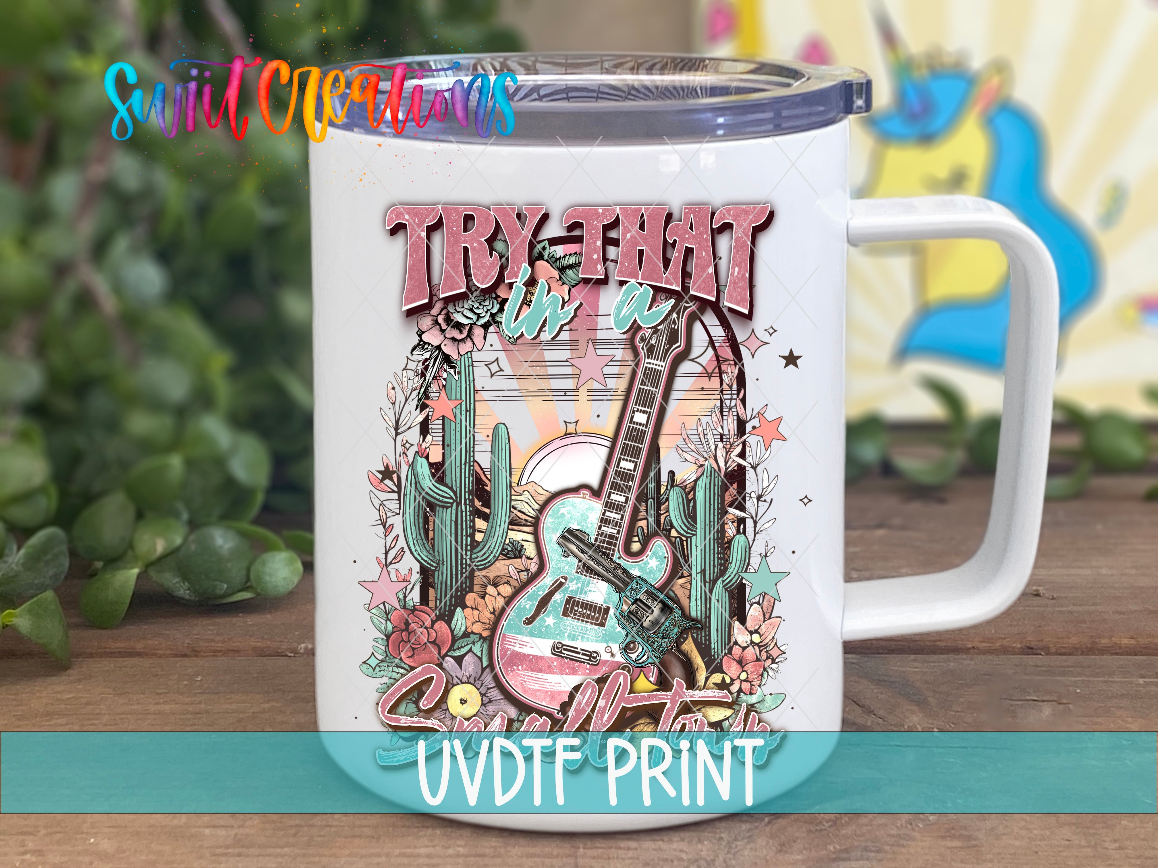 a white coffee mug with an image of a guitar on it